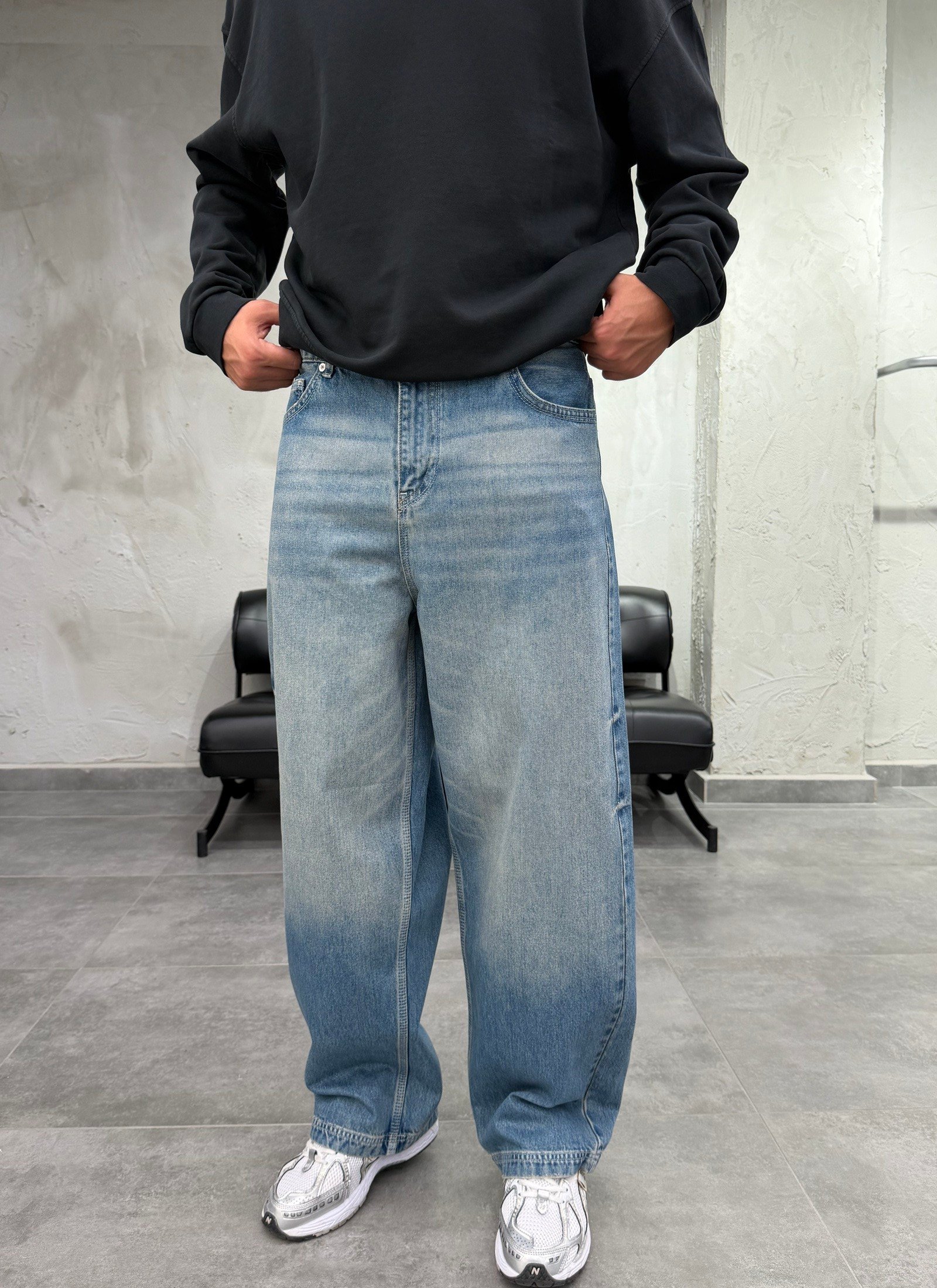 Süper Baggy Yıkamalı Tintli Mavi  Fit Jean