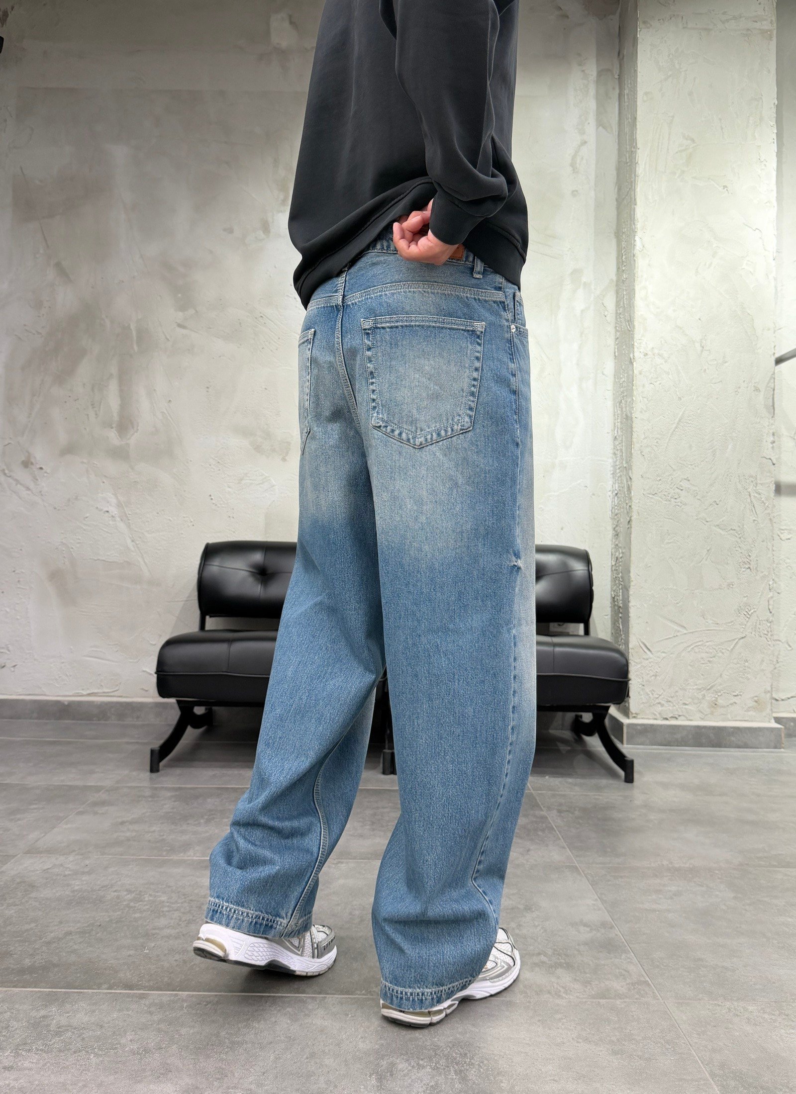 Süper Baggy Yıkamalı Tintli Mavi  Fit Jean