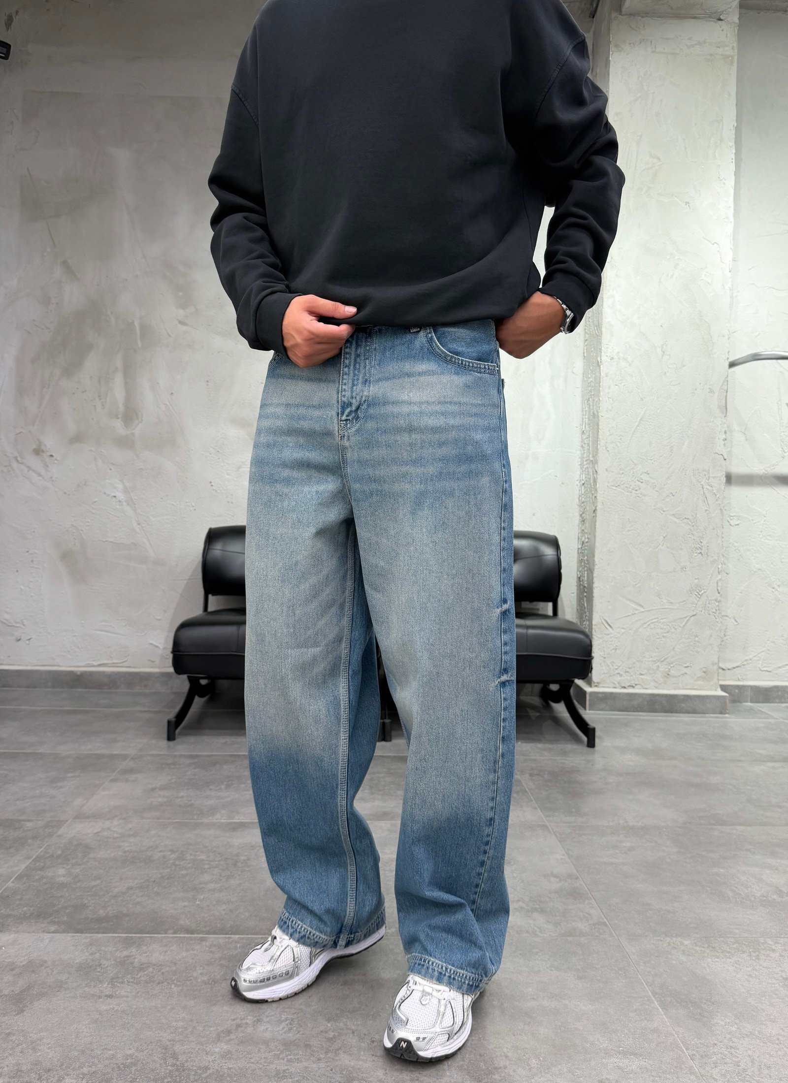 Süper Baggy Yıkamalı Tintli Mavi  Fit Jean