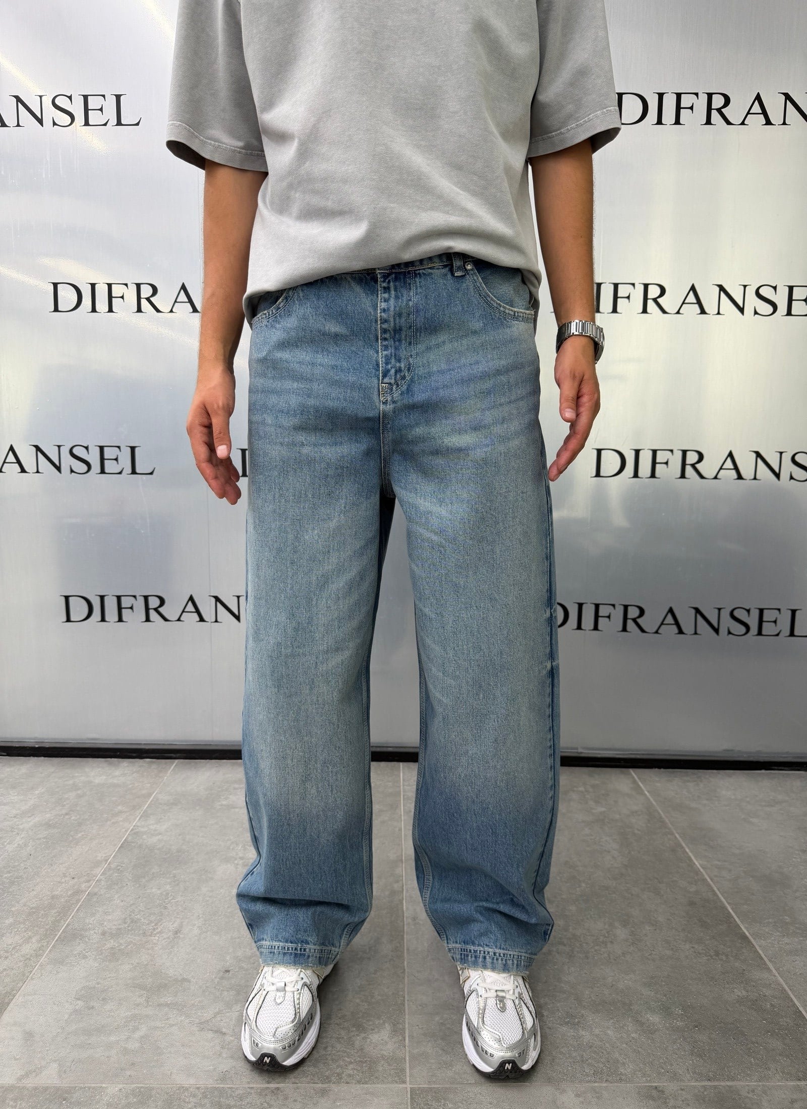 Süper Baggy Yıkamalı Tintli Mavi  Fit Jean