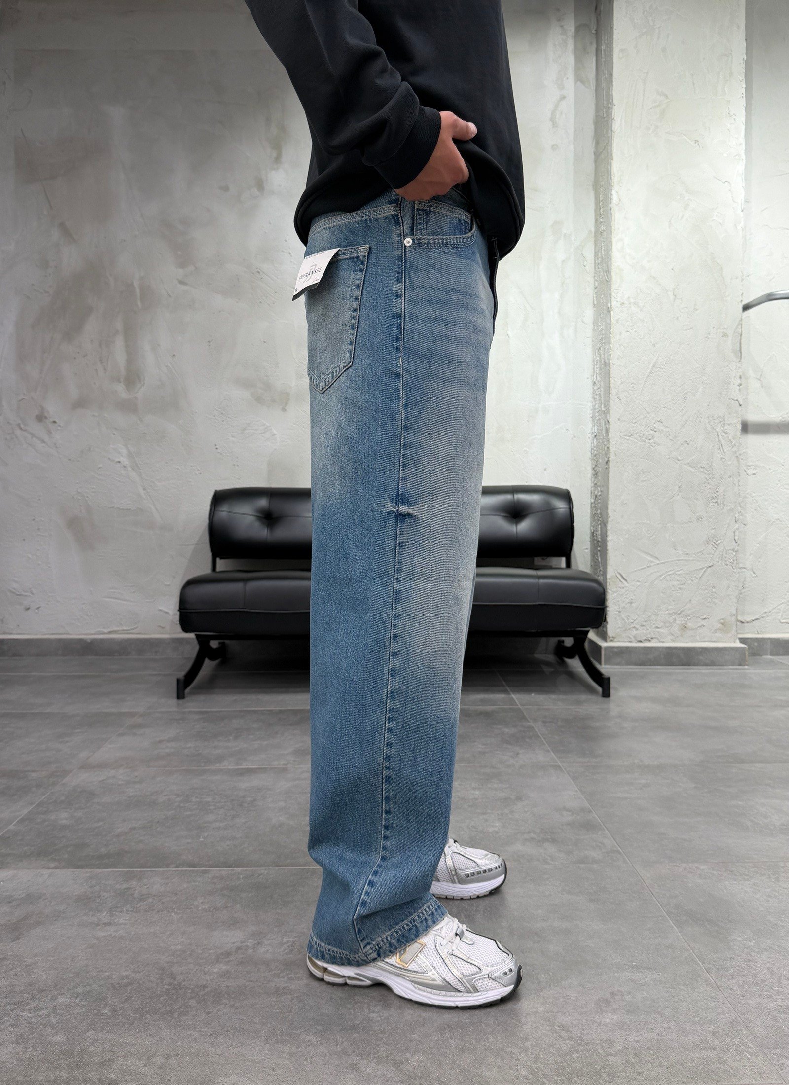 Süper Baggy Yıkamalı Tintli Mavi  Fit Jean
