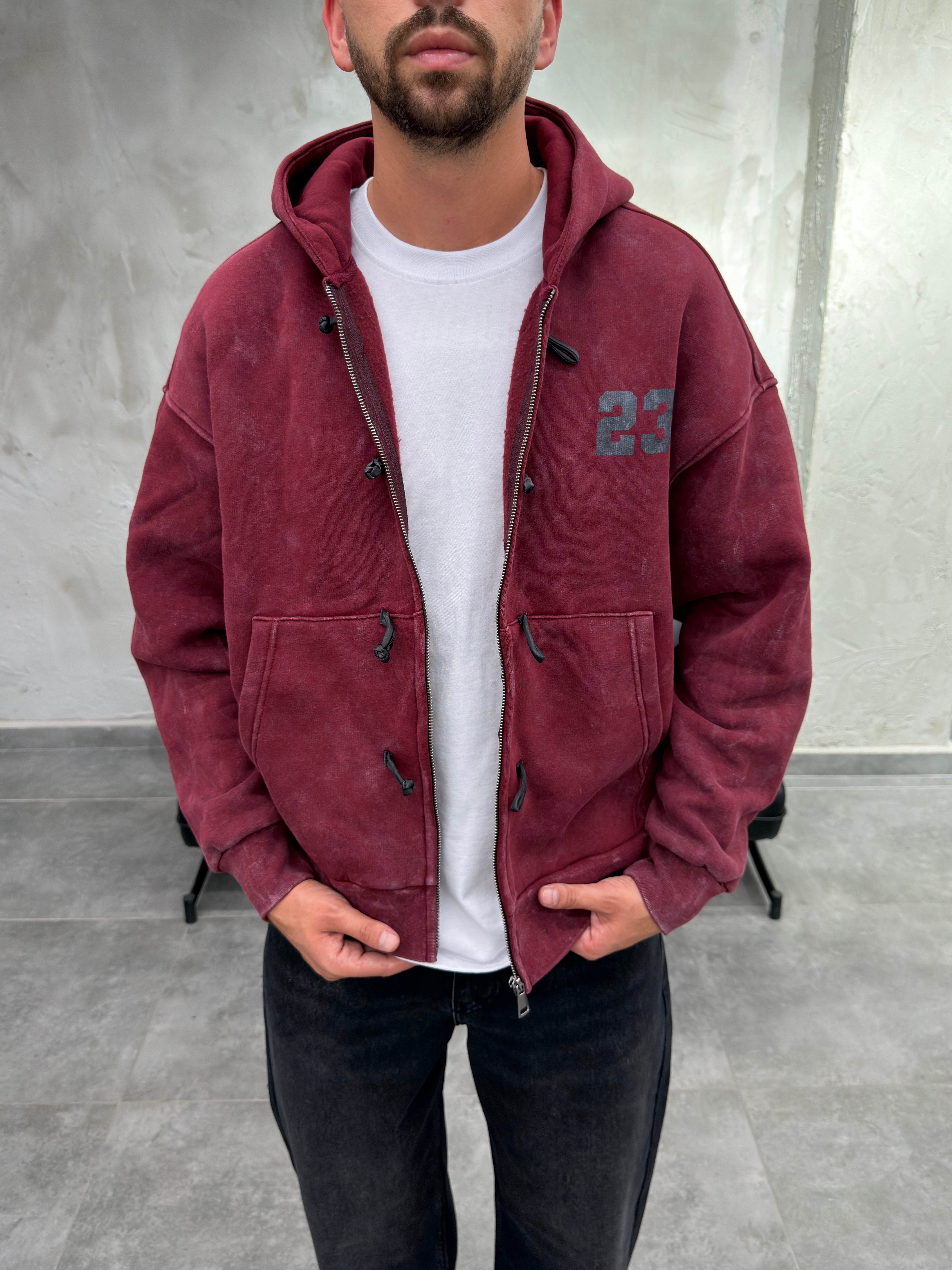 Süslü Düğmeli Yıkamalı Fermuarlı Bordo Sweatshirt