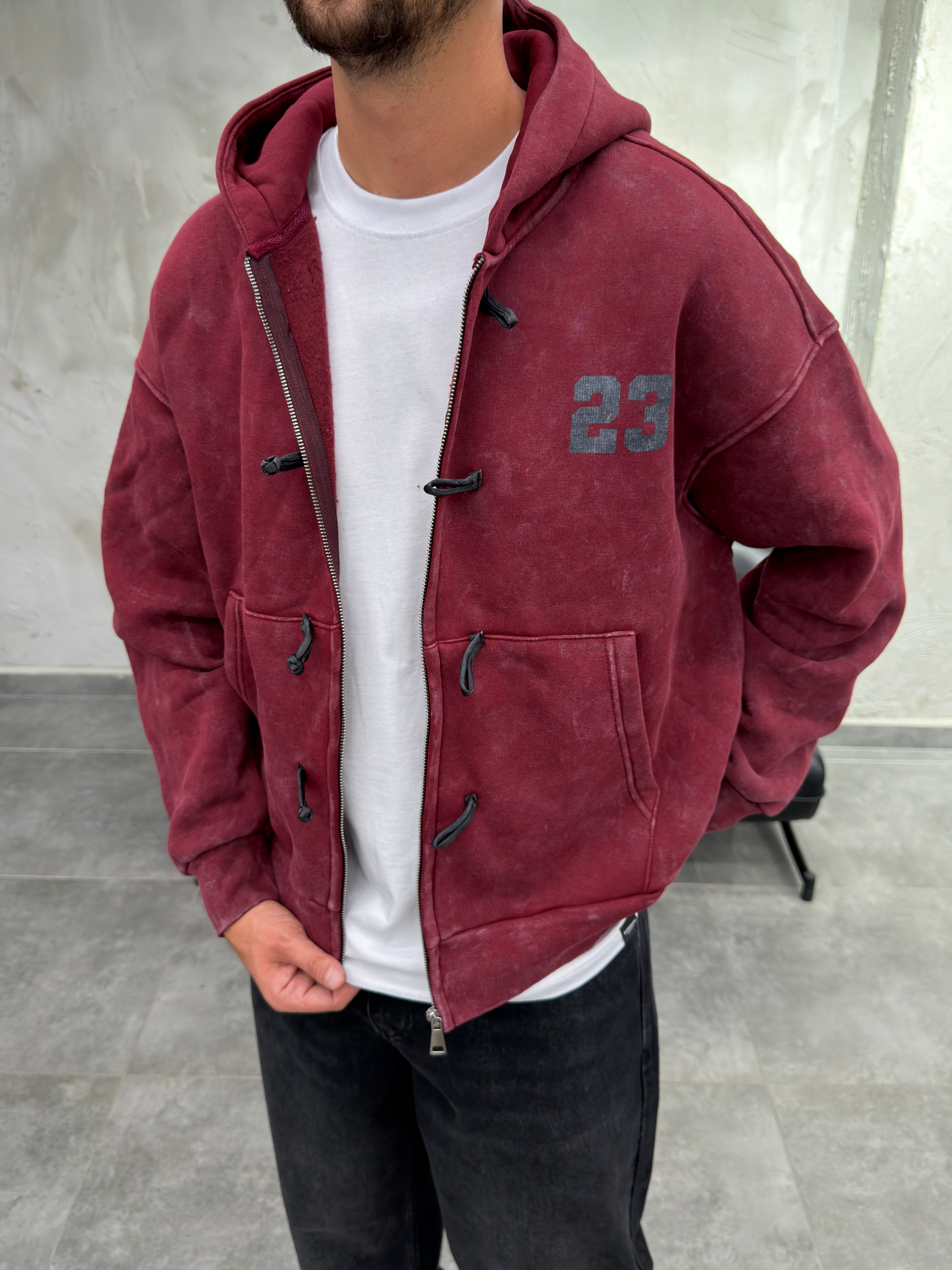 Süslü Düğmeli Yıkamalı Fermuarlı Bordo Sweatshirt