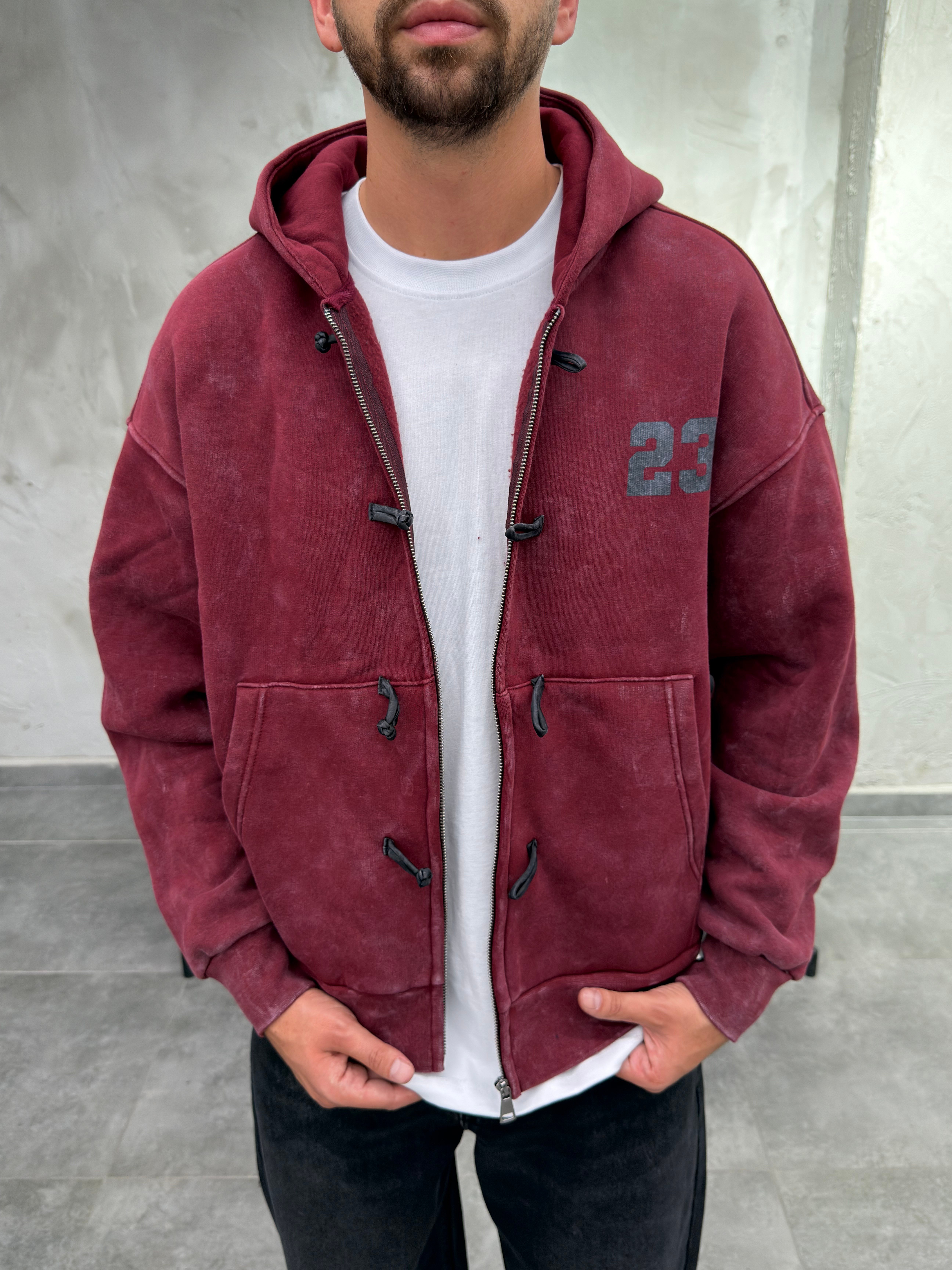 Süslü Düğmeli Yıkamalı Fermuarlı Bordo Sweatshirt