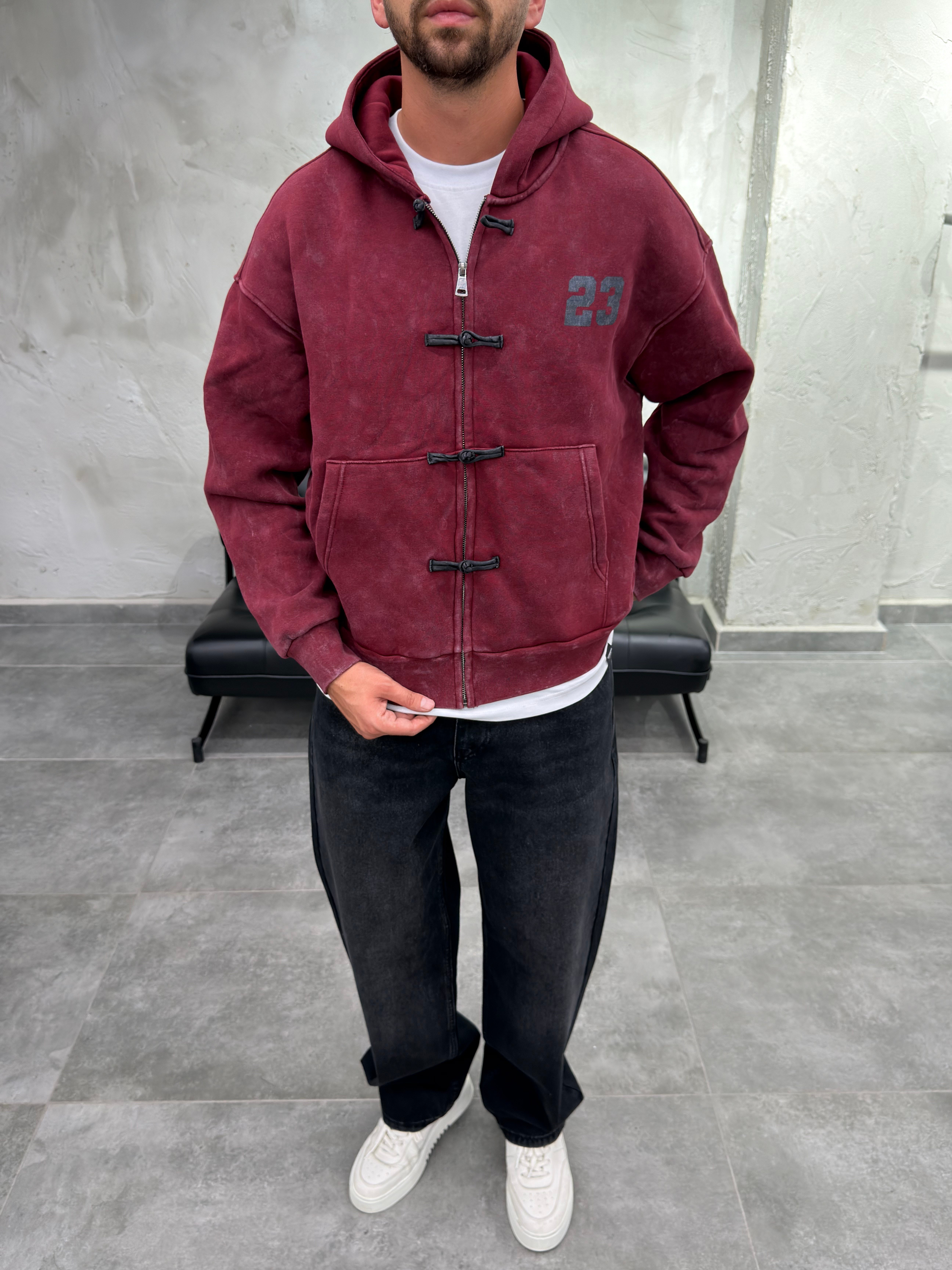 Süslü Düğmeli Yıkamalı Fermuarlı Bordo Sweatshirt