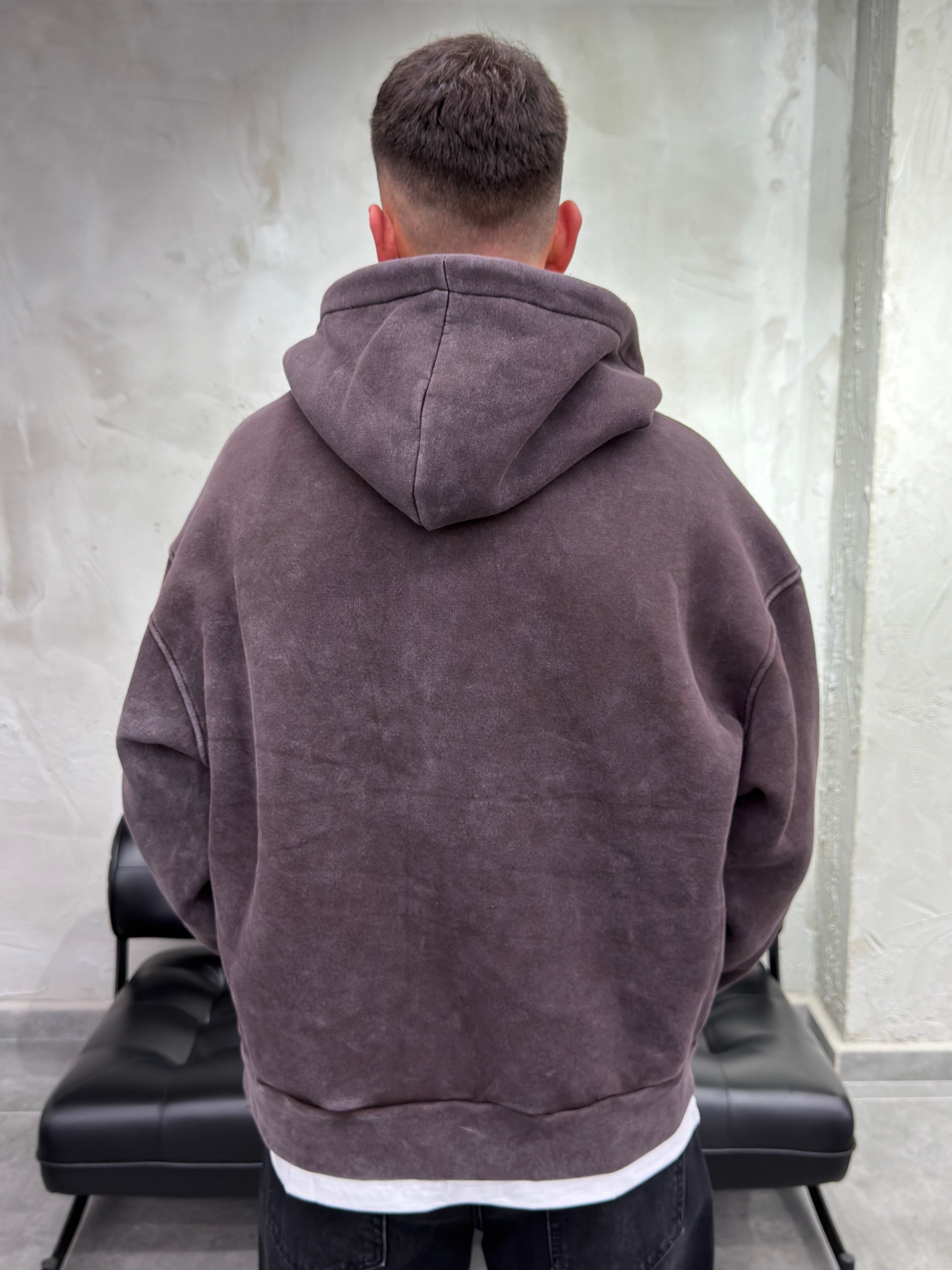 Süslü Düğmeli Yıkamalı Fermuarlı Kahve Sweatshirt