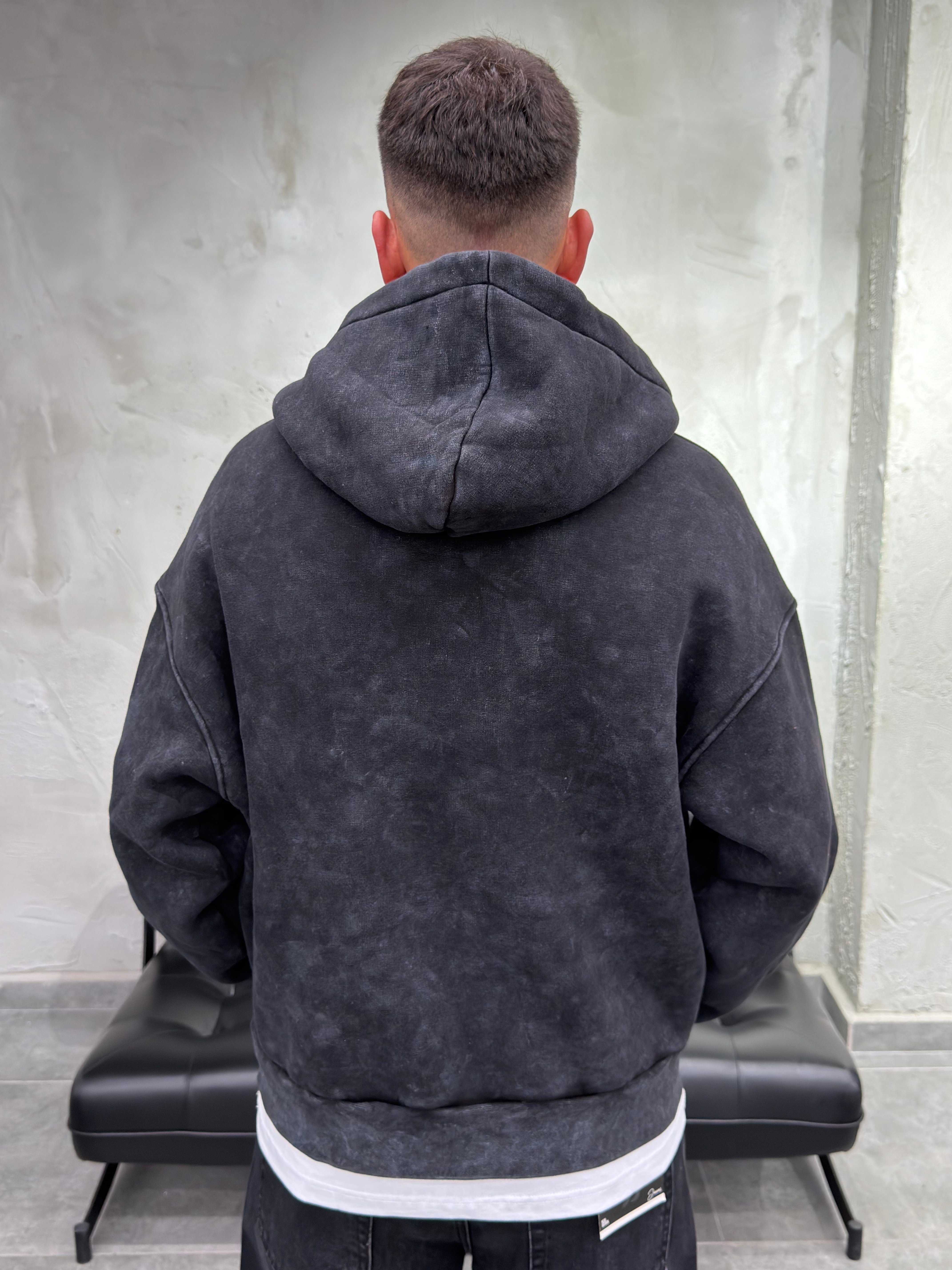 Süslü Düğmeli Yıkamalı Fermuarlı Siyah Sweatshirt