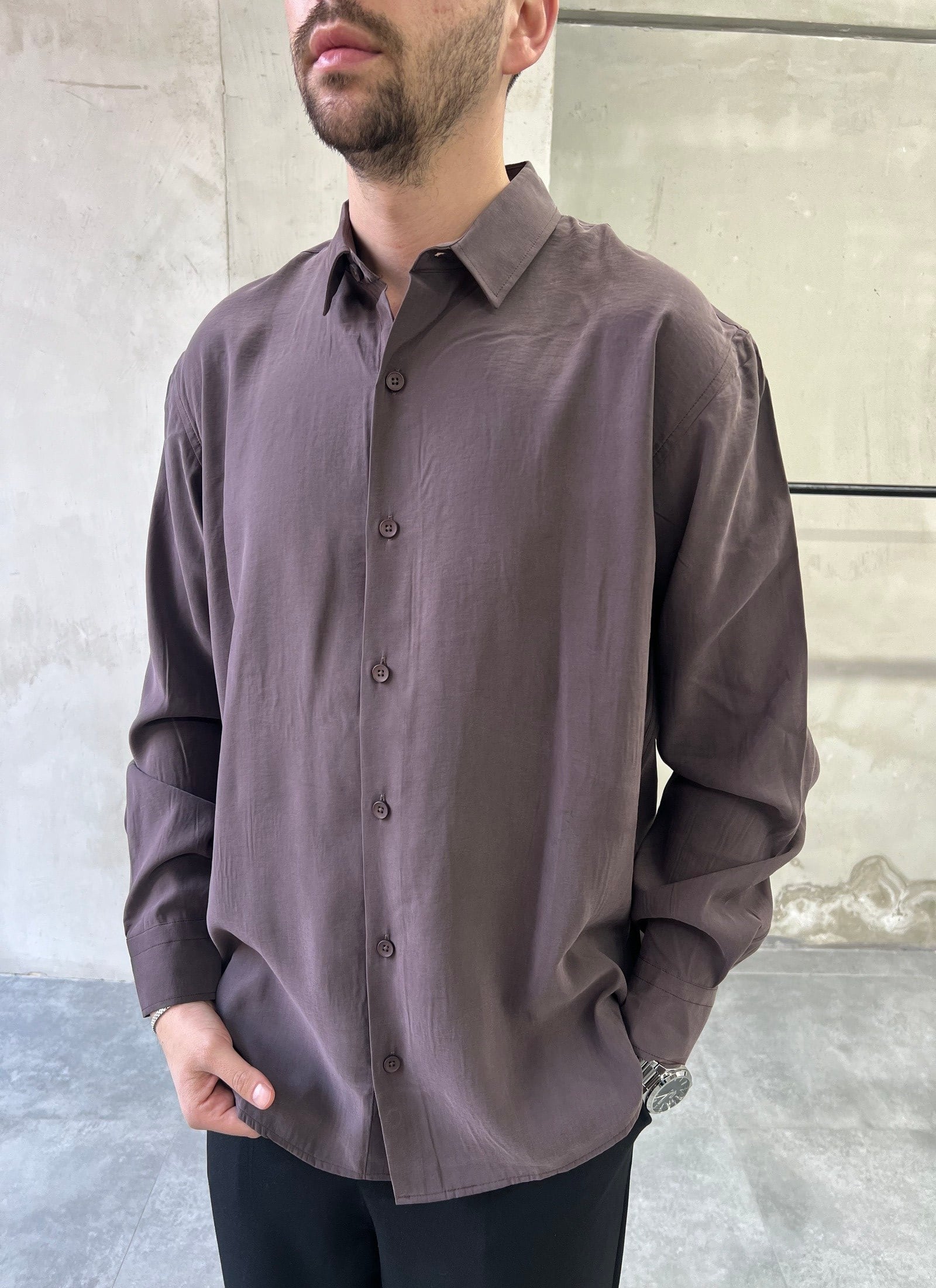 Tensel Yıkamalı Oversize Dökümlü Kahve Gömlek