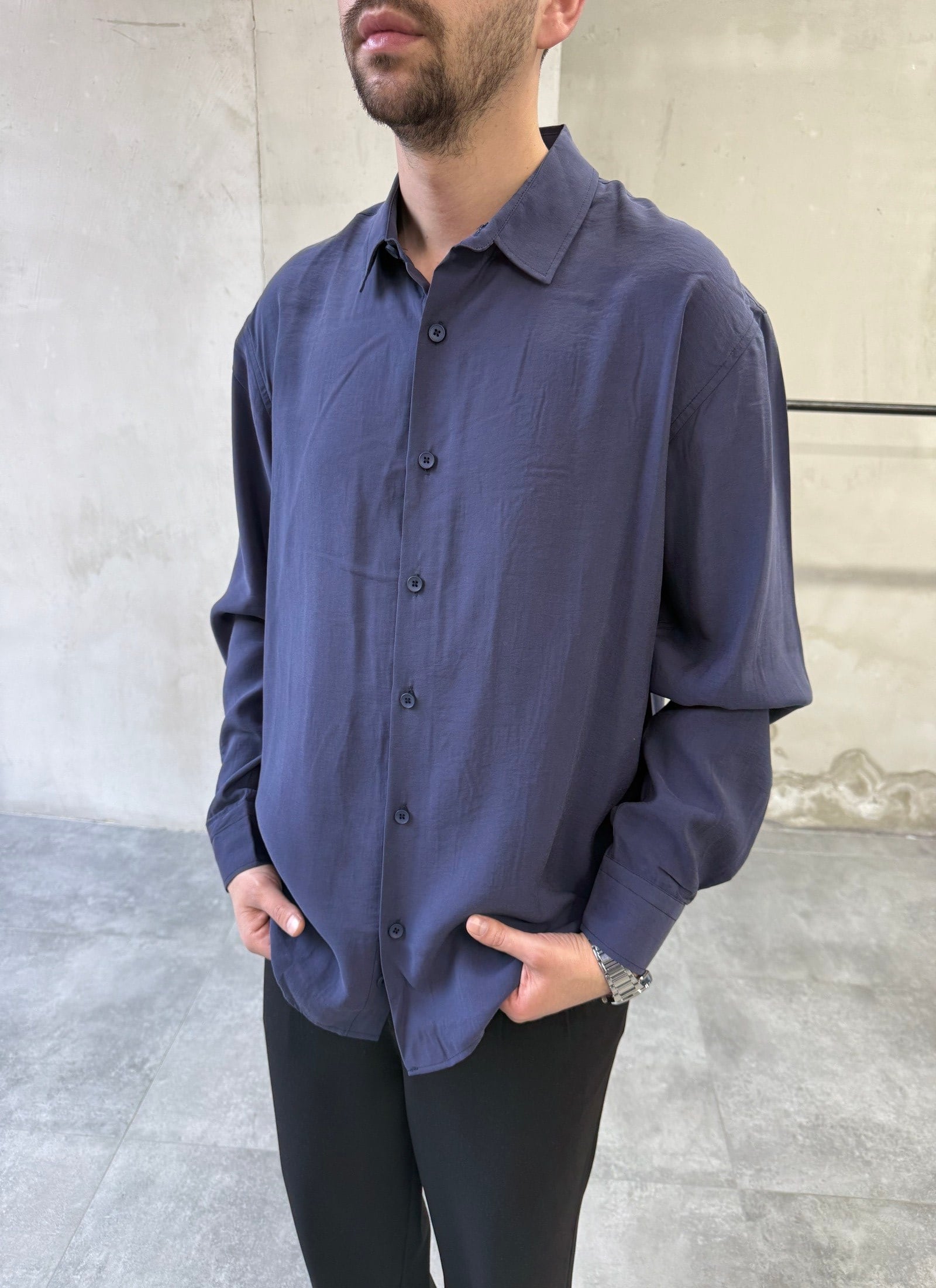 Tensel Yıkamalı Oversize Dökümlü Lacivert Gömlek