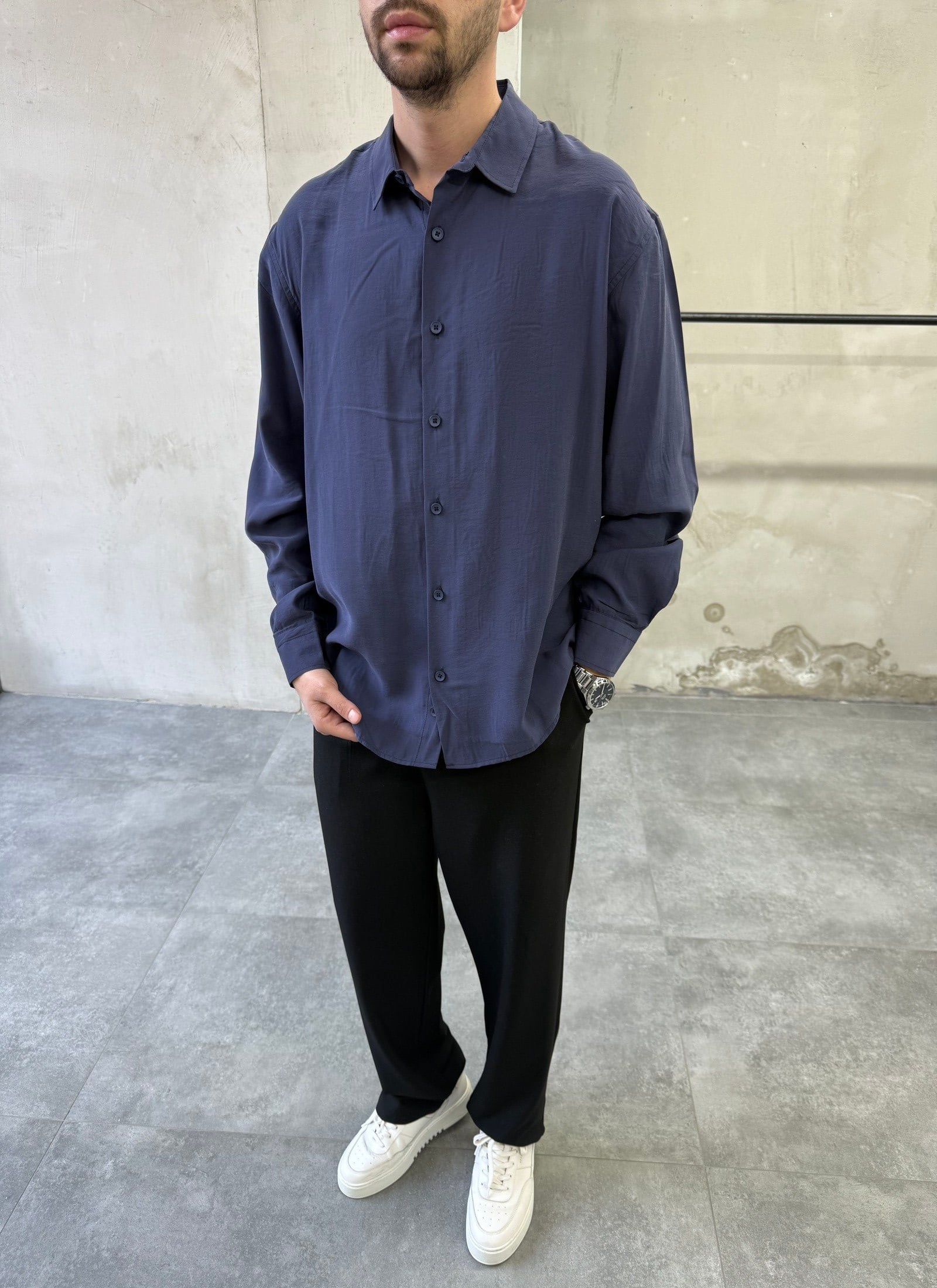 Tensel Yıkamalı Oversize Dökümlü Lacivert Gömlek