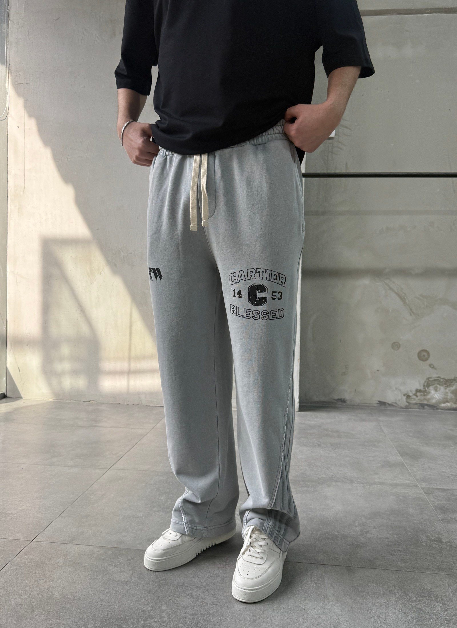 Text Baskılı Gri Yıkamalı Eşofman Altı