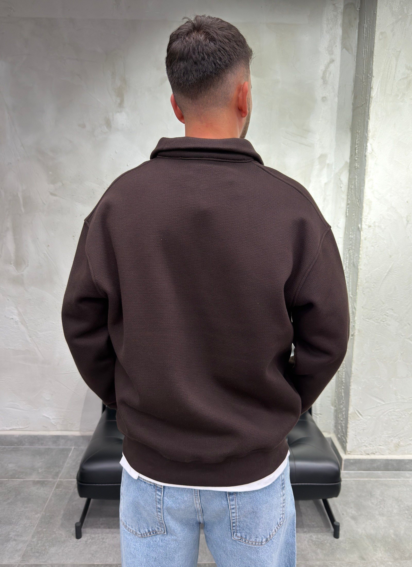 Yaka Yarım Fermuarlı Şardonlu Kahve Sweatshirt