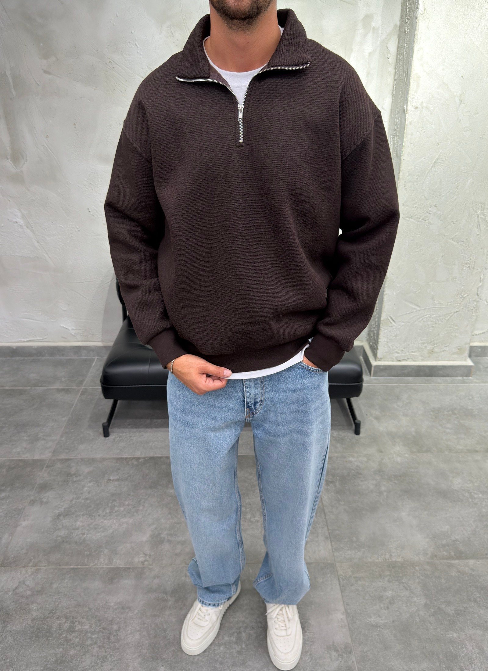 Yaka Yarım Fermuarlı Şardonlu Kahve Sweatshirt