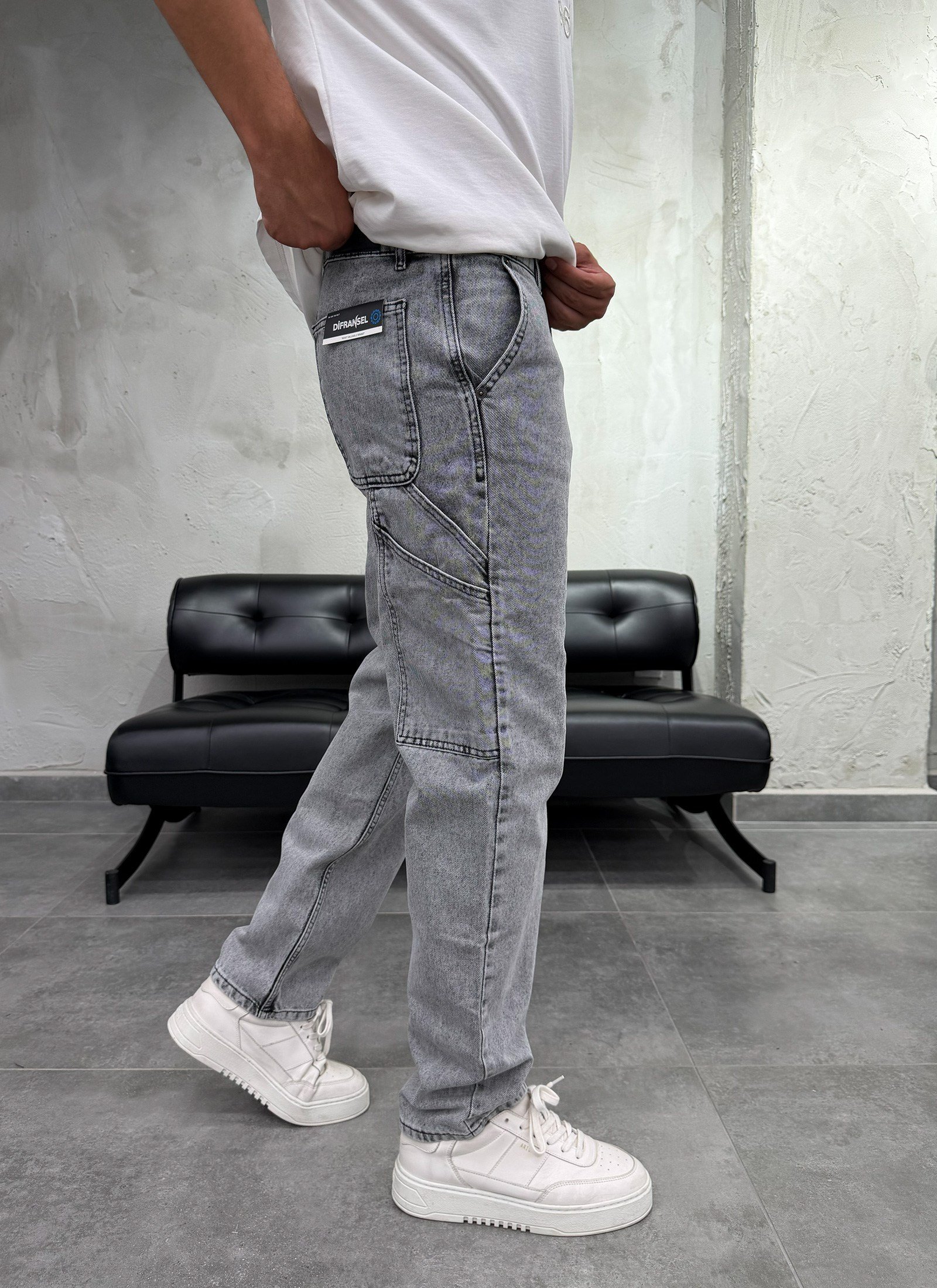 Yan Çift Cepli Antrasit Baggy Jean
