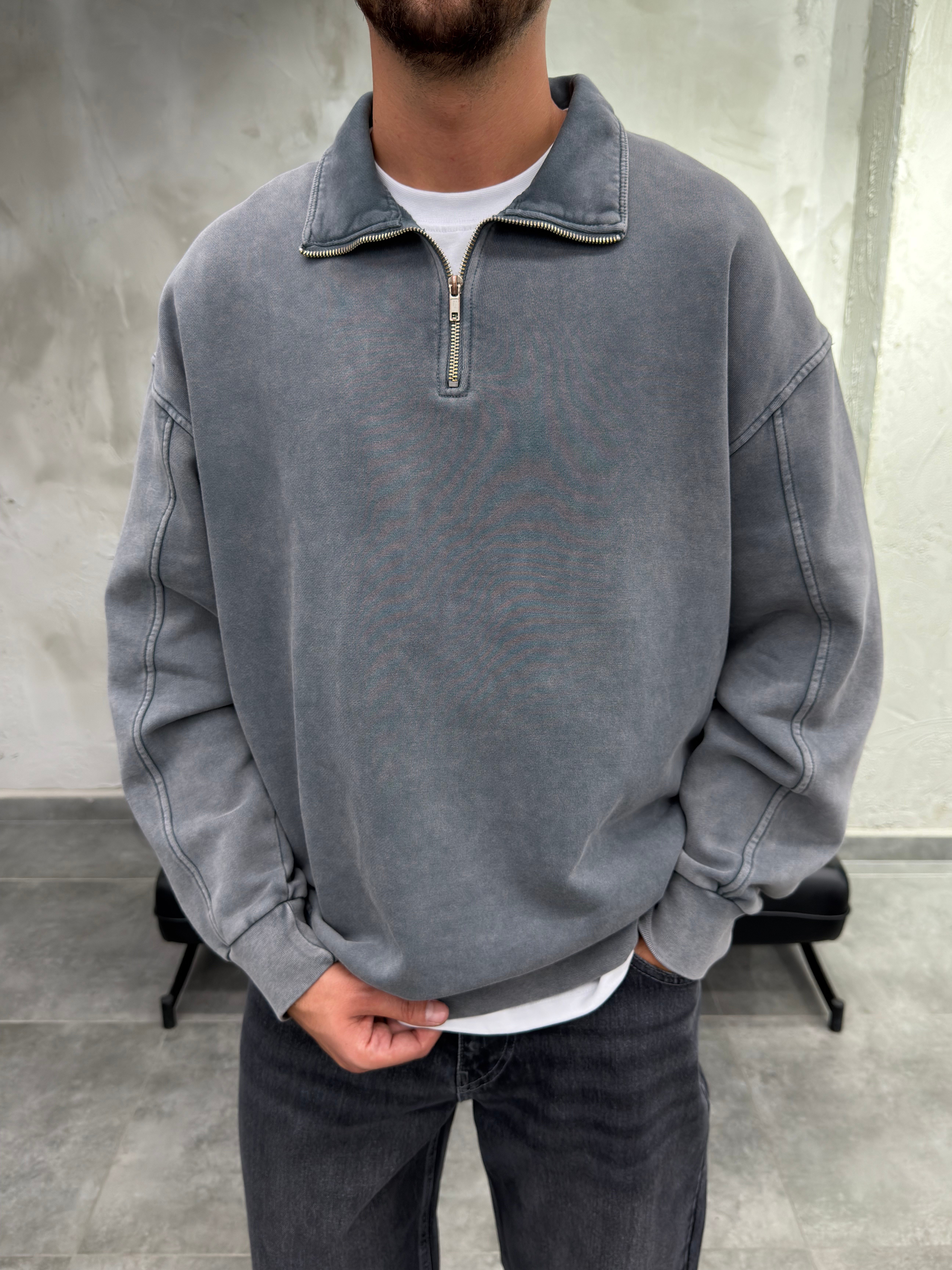 Yarım Fermuar Polo Yaka Yıkamalı Antrasit Sweatshirt