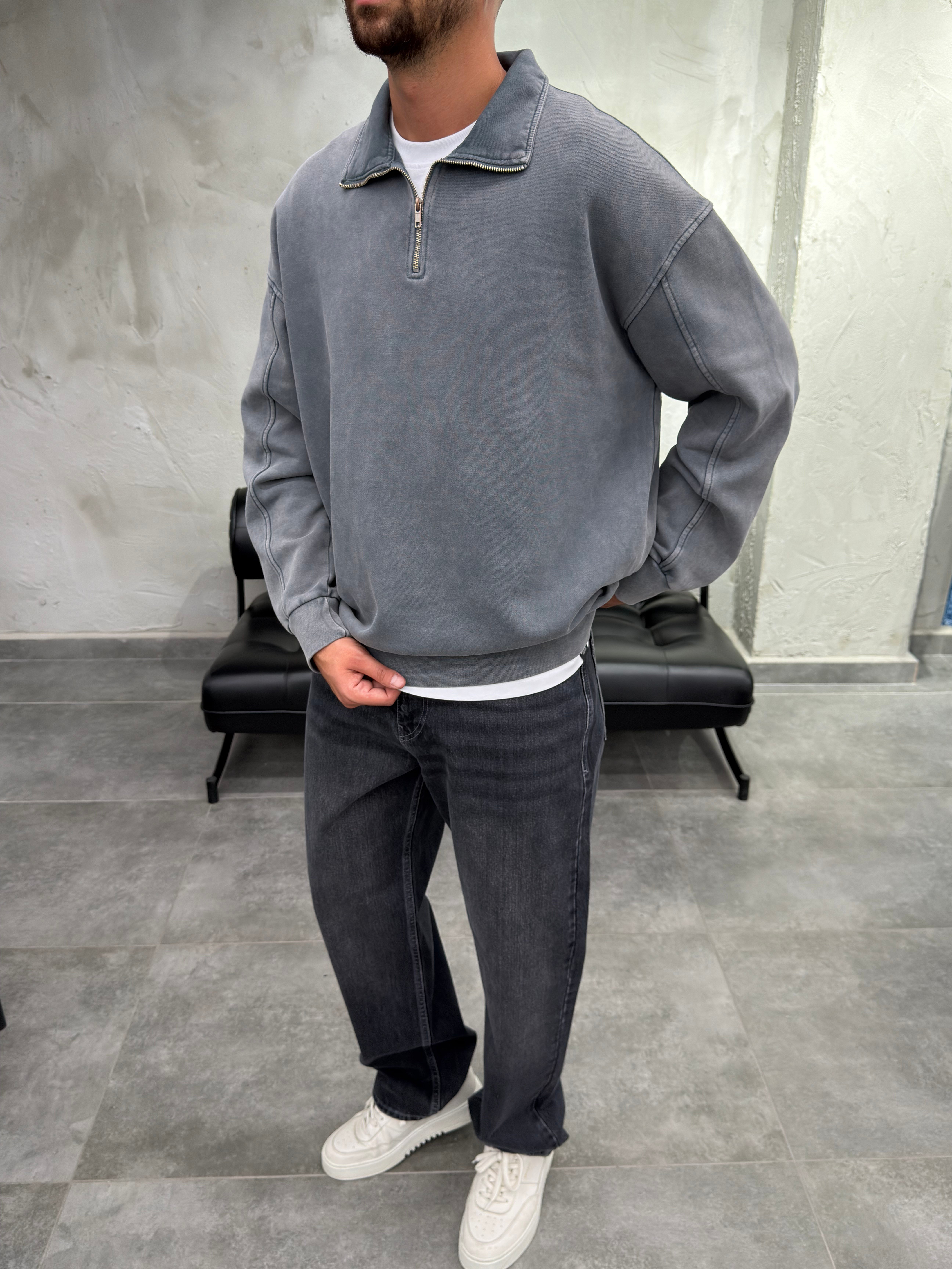 Yarım Fermuar Polo Yaka Yıkamalı Antrasit Sweatshirt