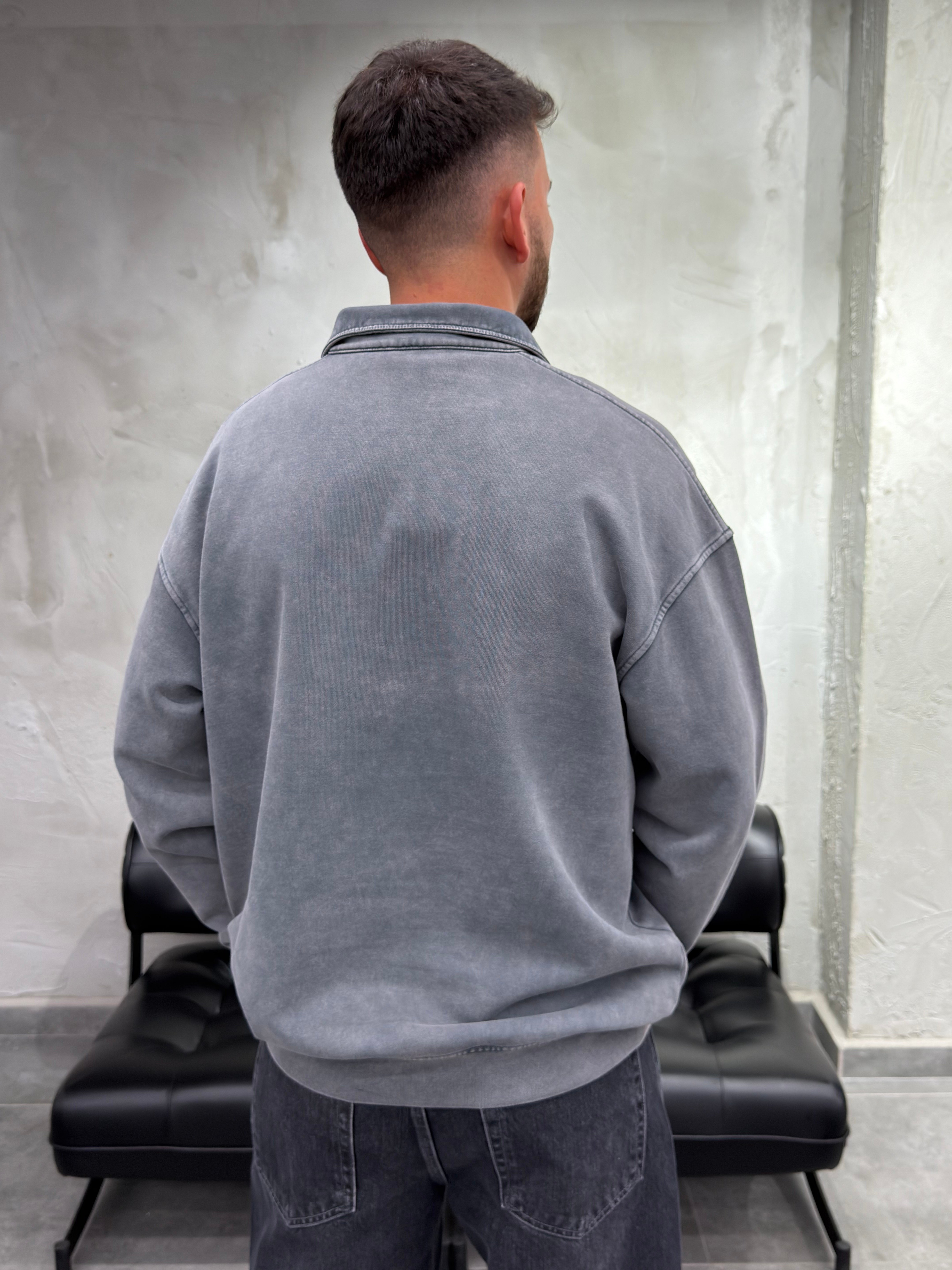 Yarım Fermuar Polo Yaka Yıkamalı Antrasit Sweatshirt