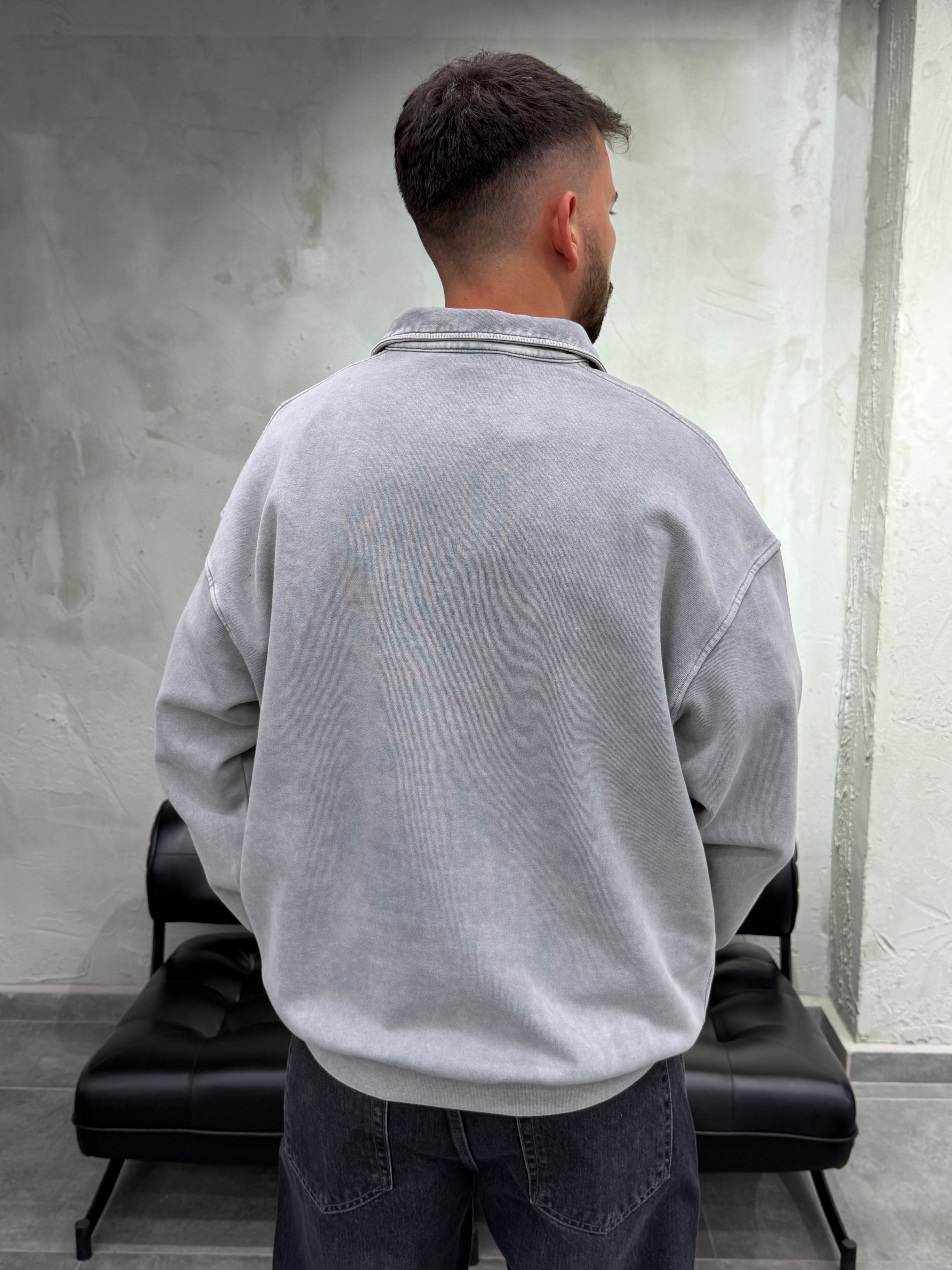 Yarım Fermuar Polo Yaka Yıkamalı Gri Sweatshirt