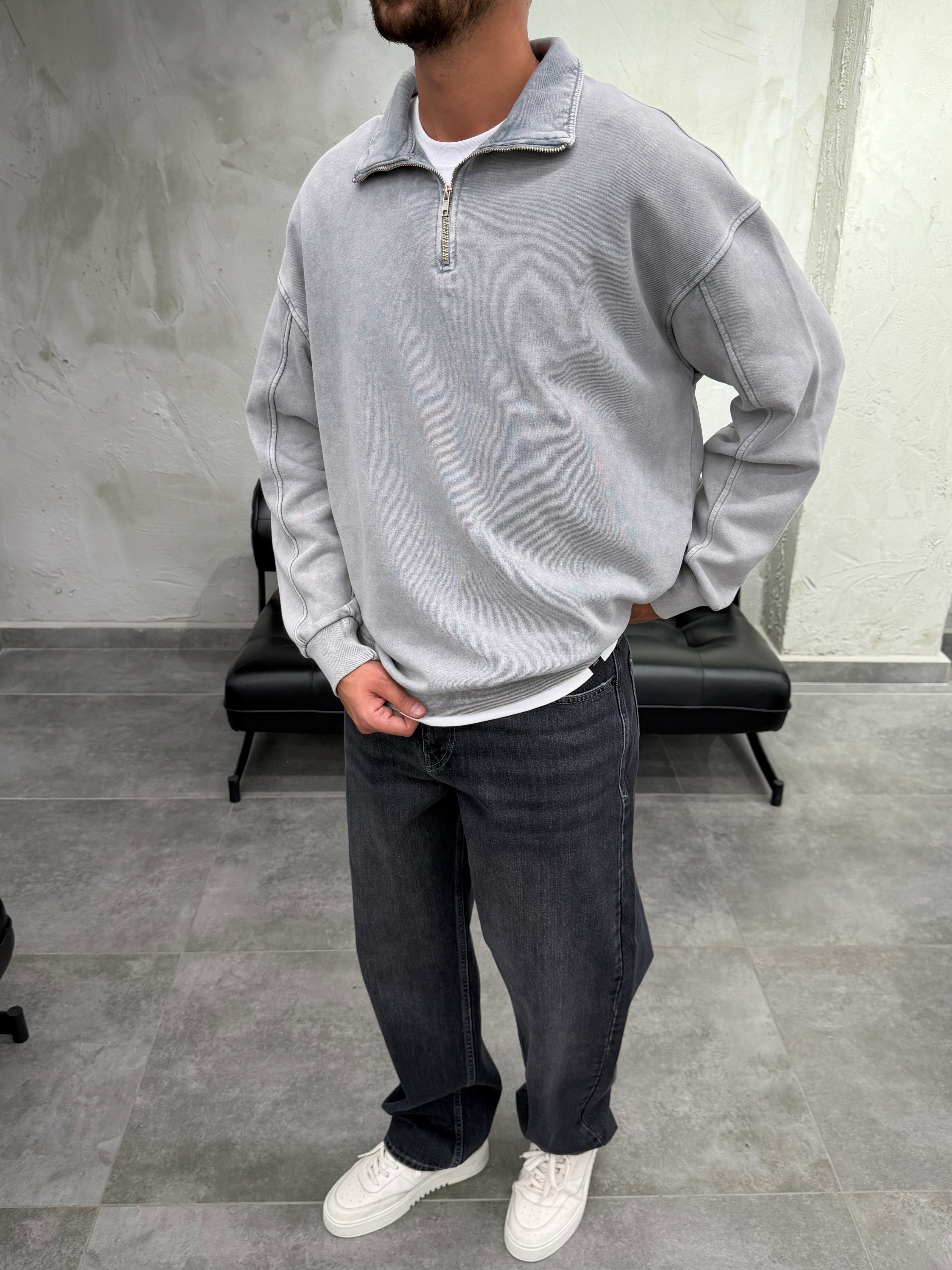 Yarım Fermuar Polo Yaka Yıkamalı Gri Sweatshirt