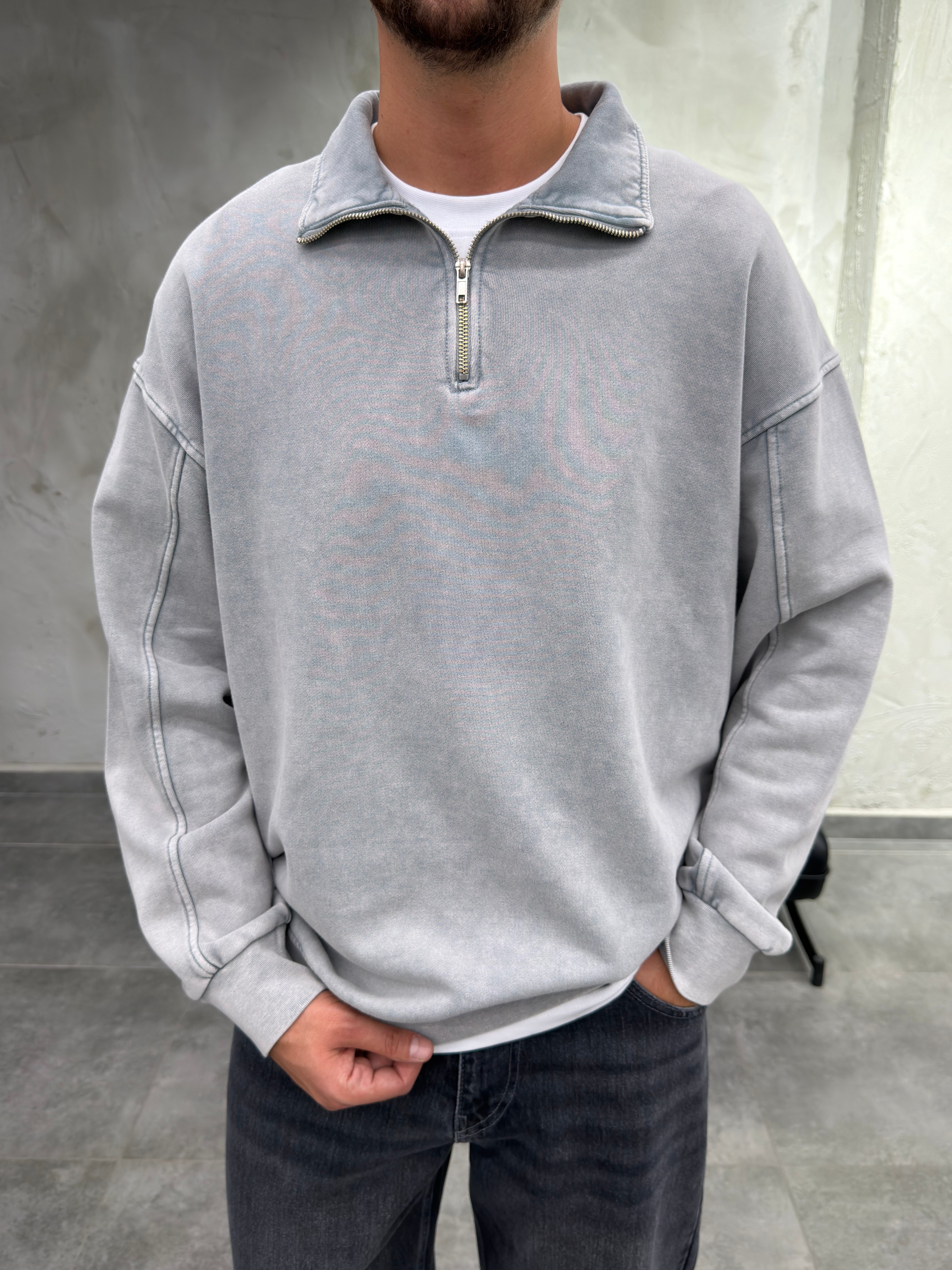 Yarım Fermuar Polo Yaka Yıkamalı Gri Sweatshirt