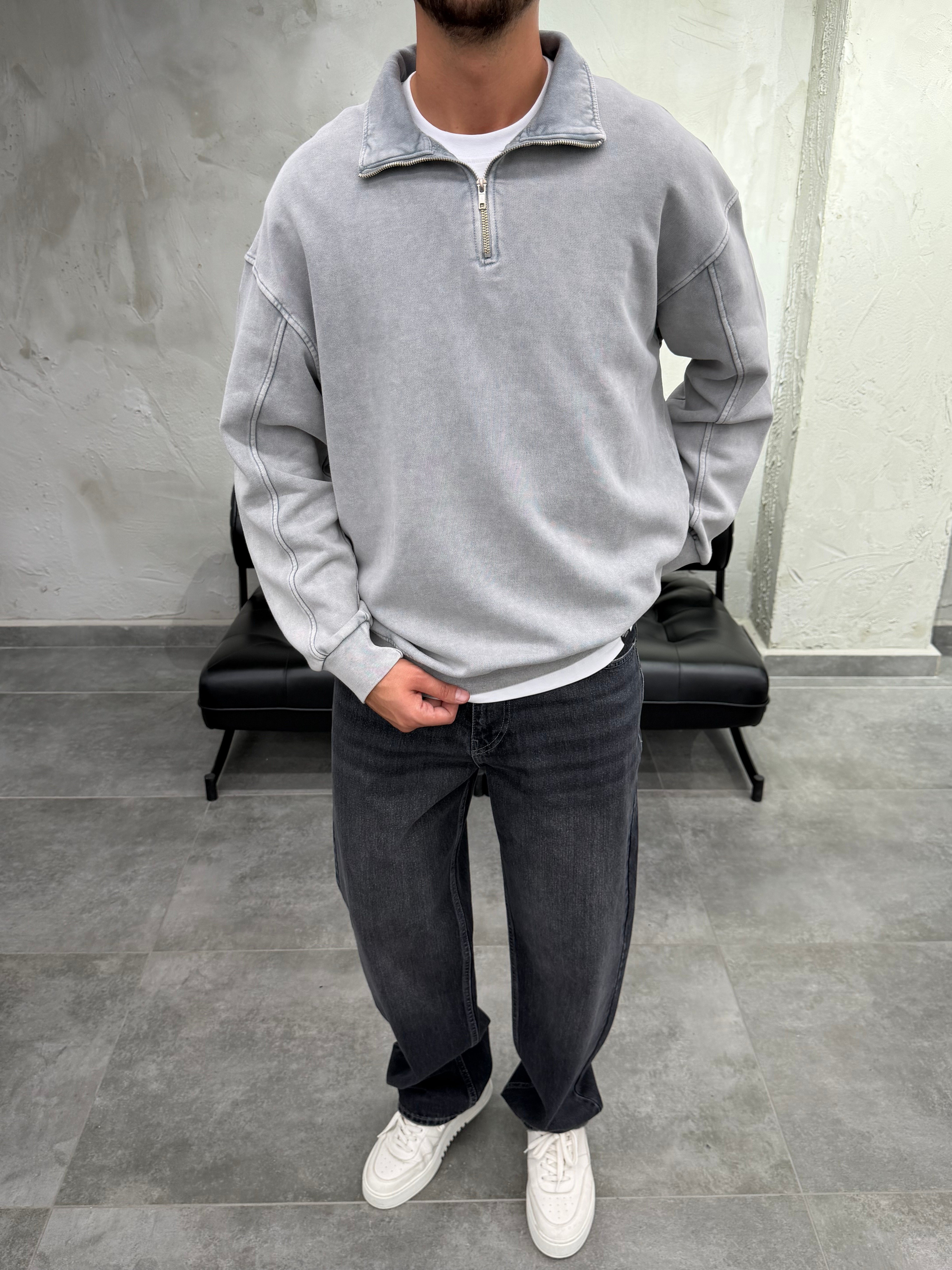 Yarım Fermuar Polo Yaka Yıkamalı Gri Sweatshirt