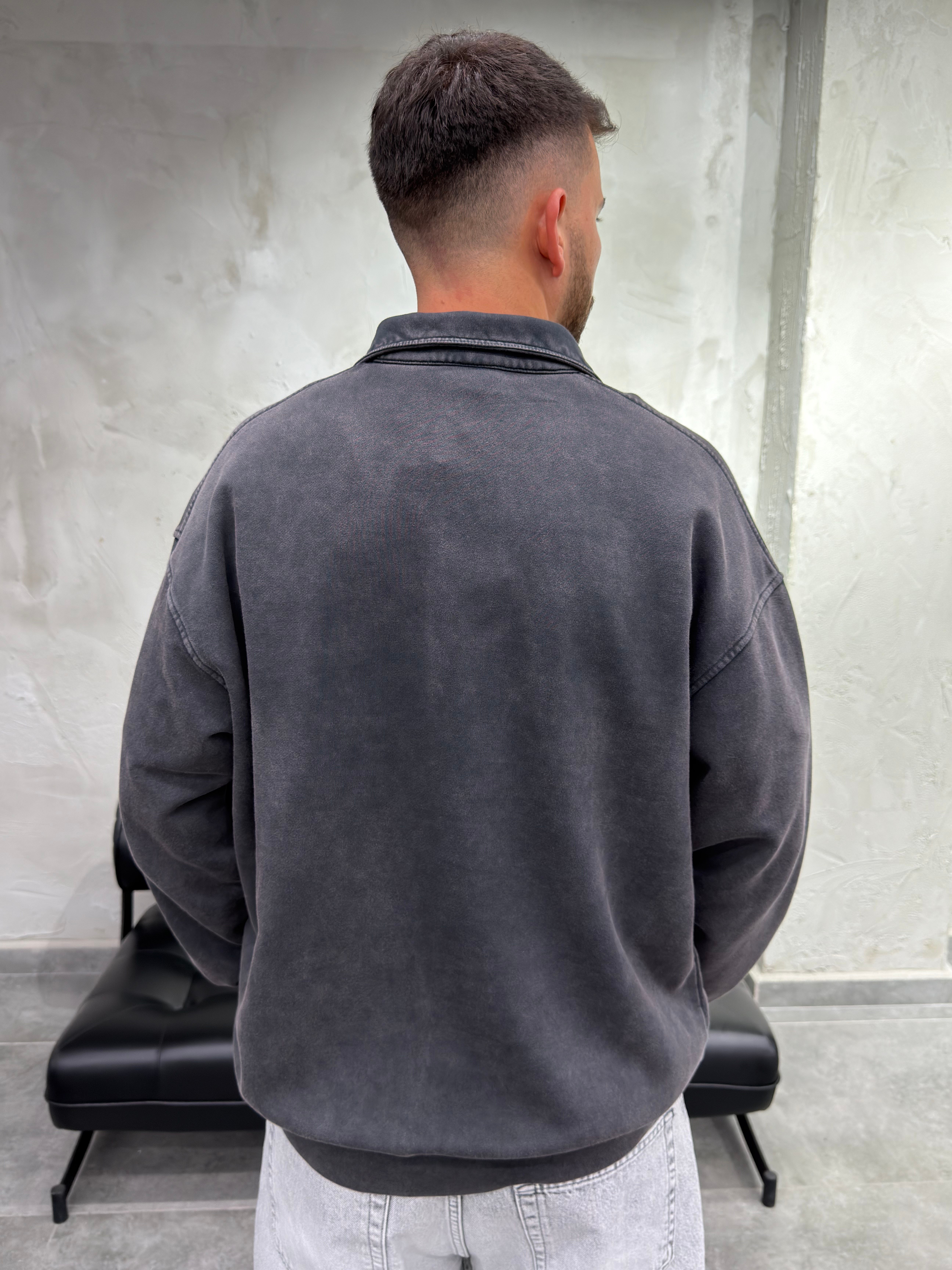 Yarım Fermuar Polo Yaka Yıkamalı Siyah Sweatshirt