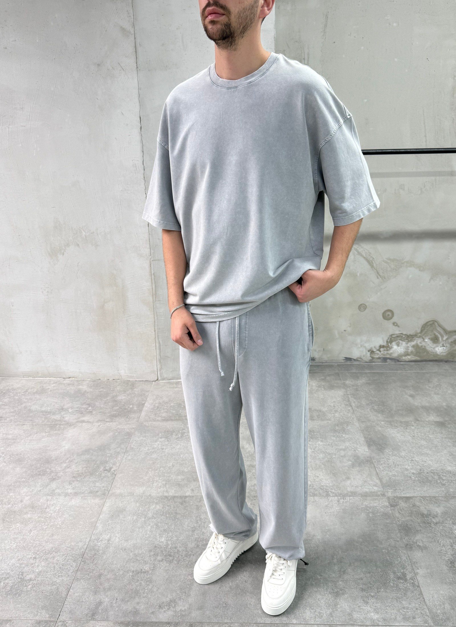 Yıkamalı Basic Açık Gri Eşofman Takımı