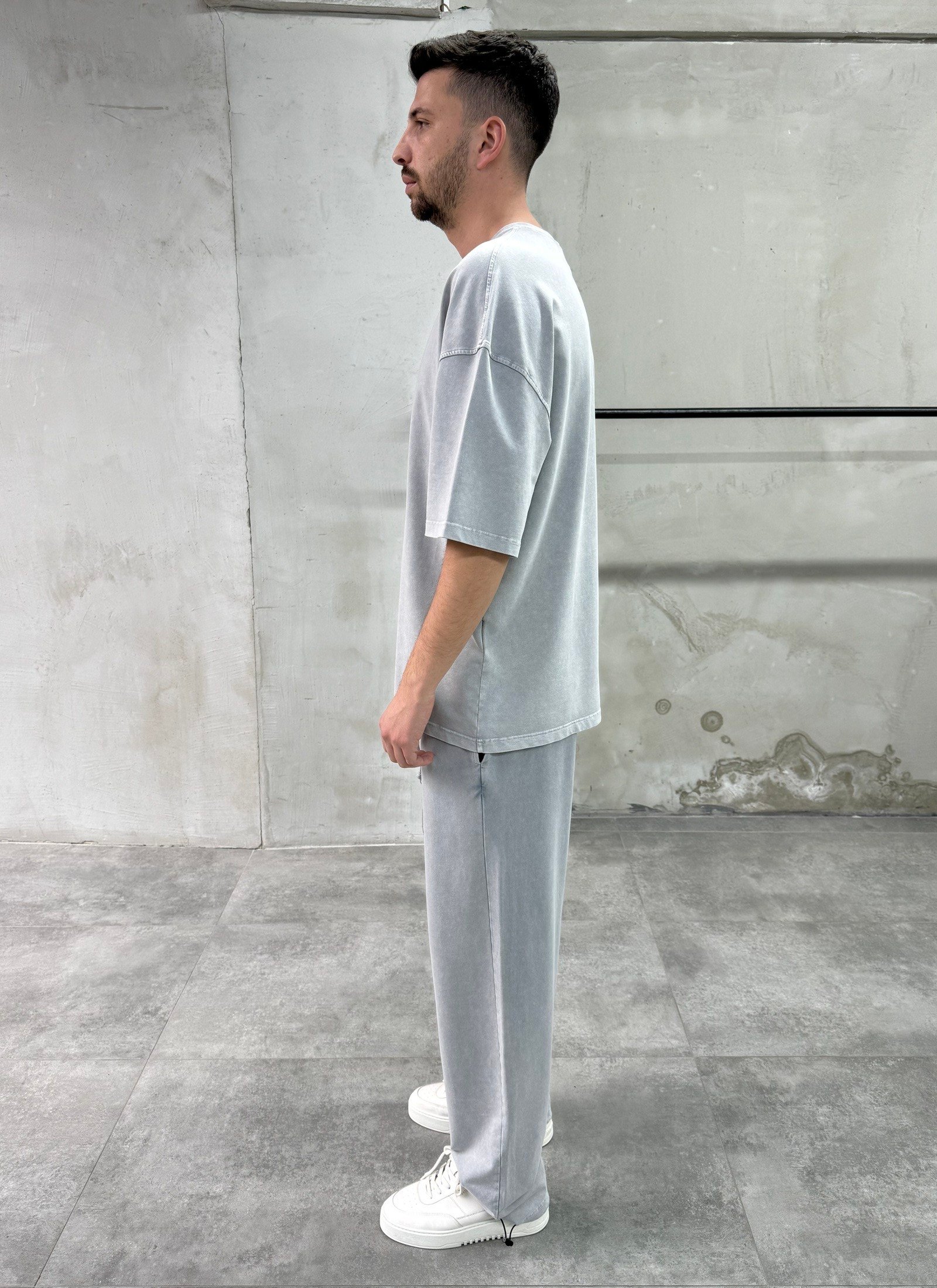 Yıkamalı Basic Açık Gri Eşofman Takımı