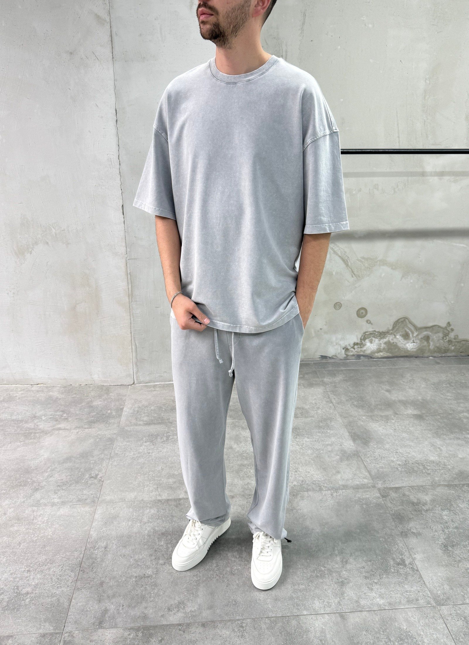 Yıkamalı Basic Açık Gri Eşofman Takımı