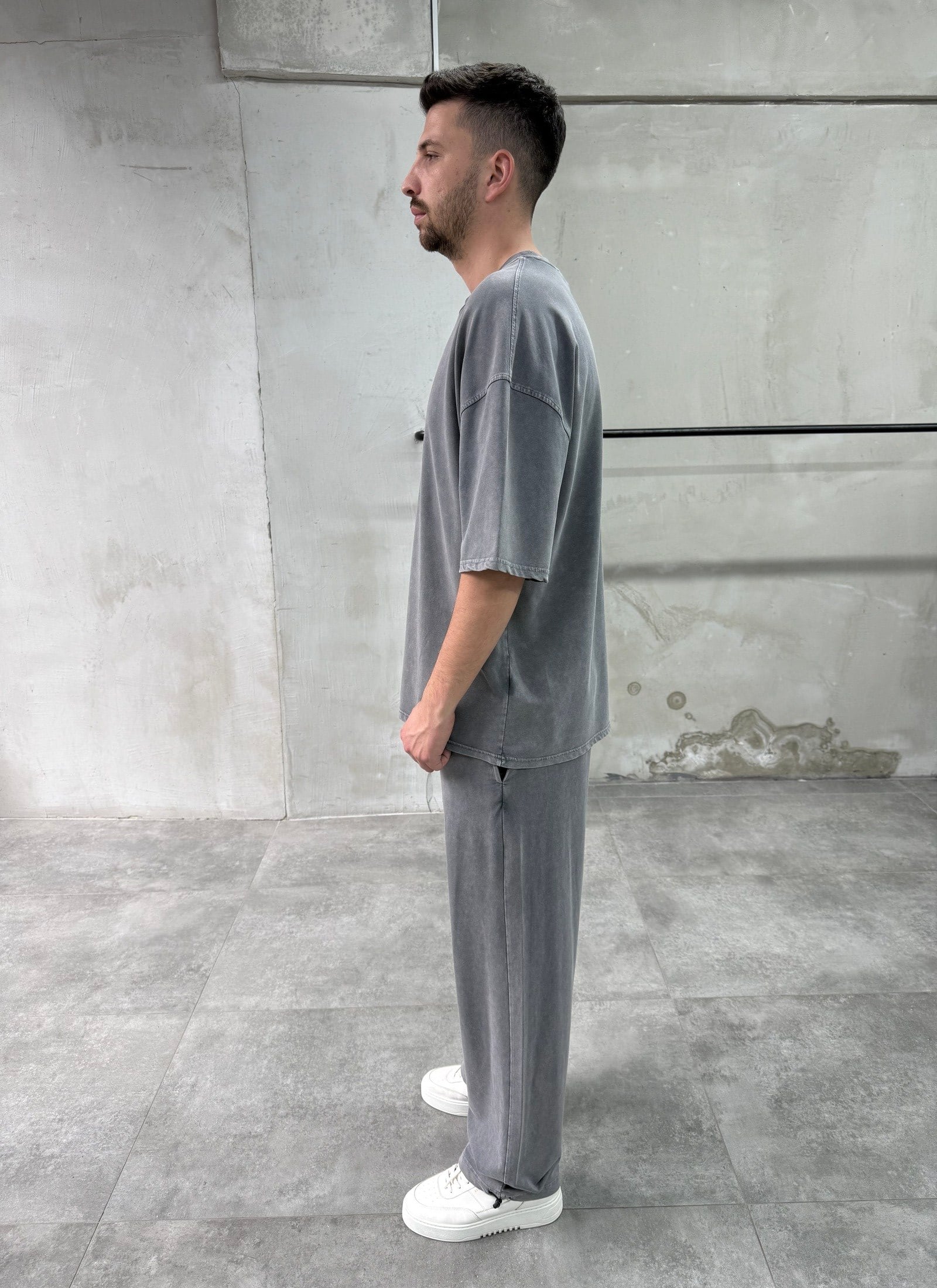 Yıkamalı Basic Gri Eşofman Takımı