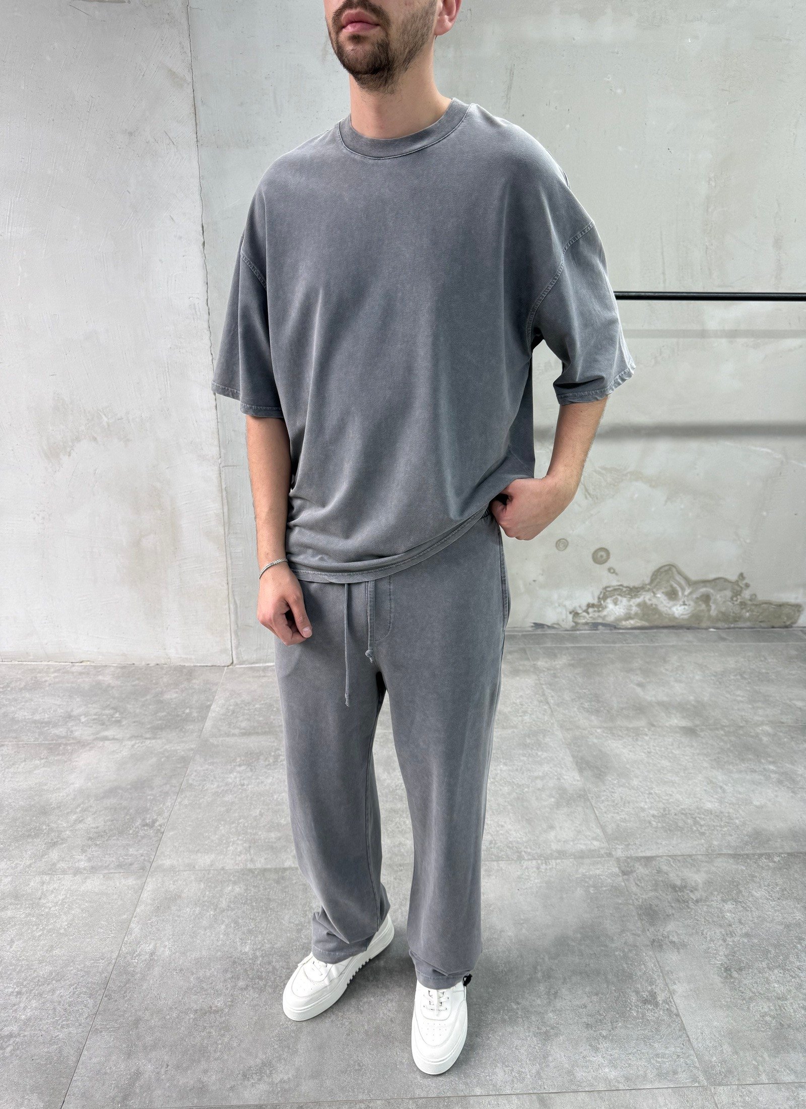 Yıkamalı Basic Gri Eşofman Takımı