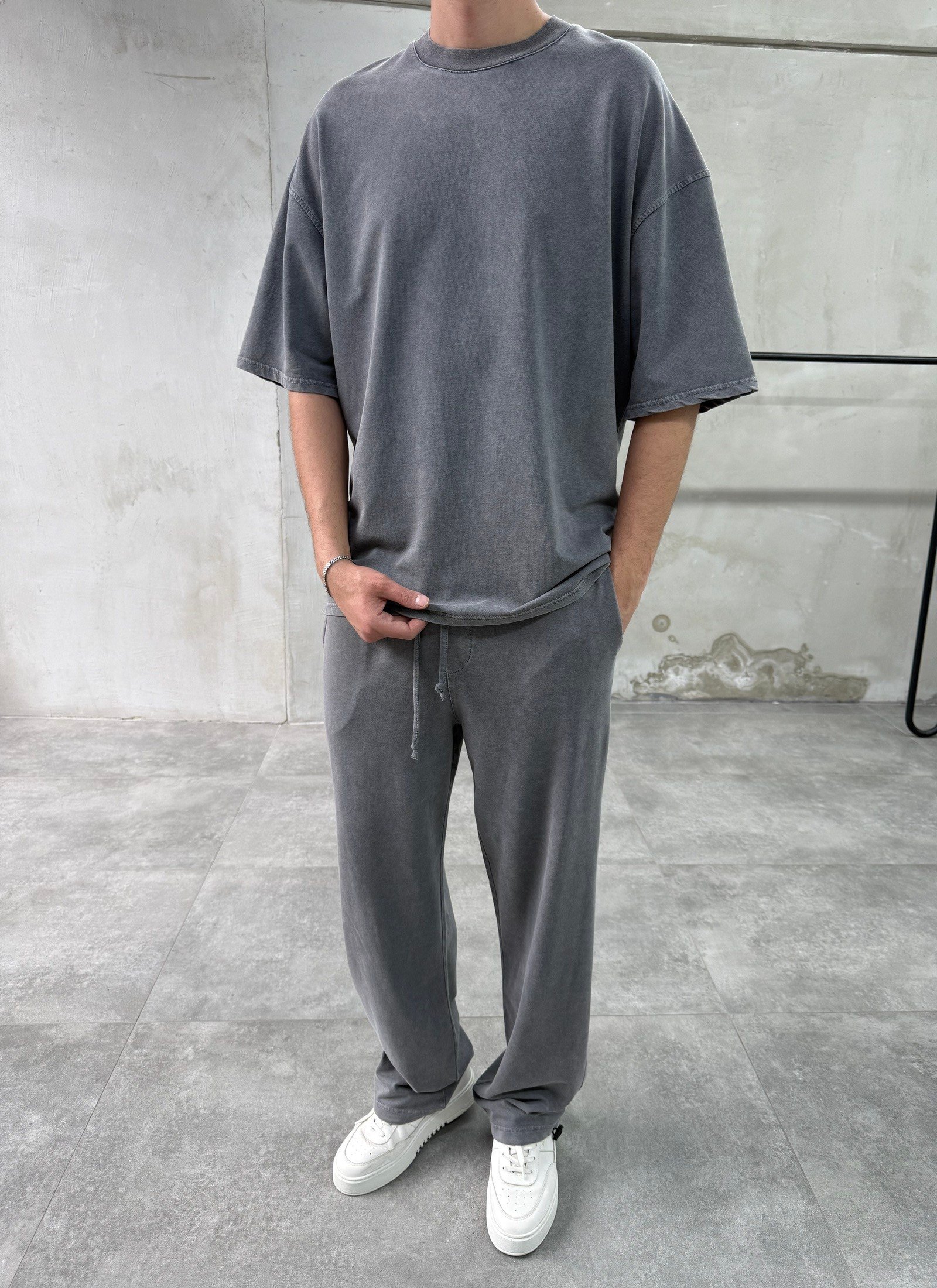 Yıkamalı Basic Gri Eşofman Takımı