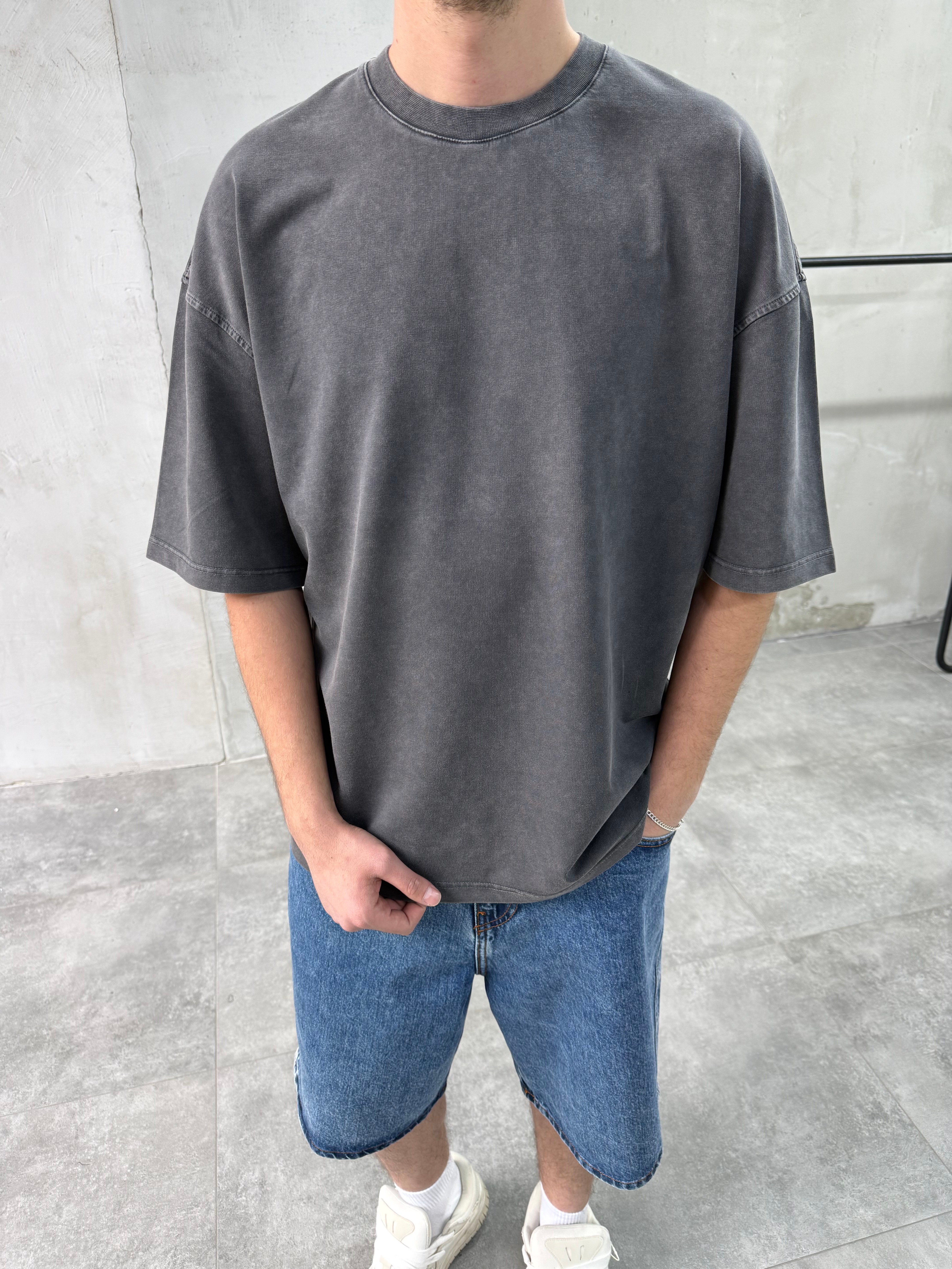 Yıkamalı Yuvarlak Yaka Siyah Oversize T-shirt