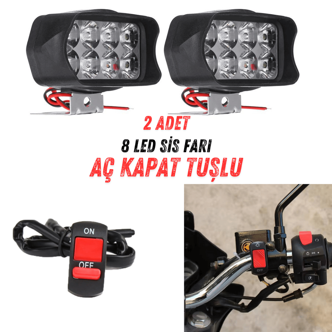 2 Adet 8 Ledli Motosiklet Scooter Uyumlu Led Sis Farı Açma Kapatma Tuşlu