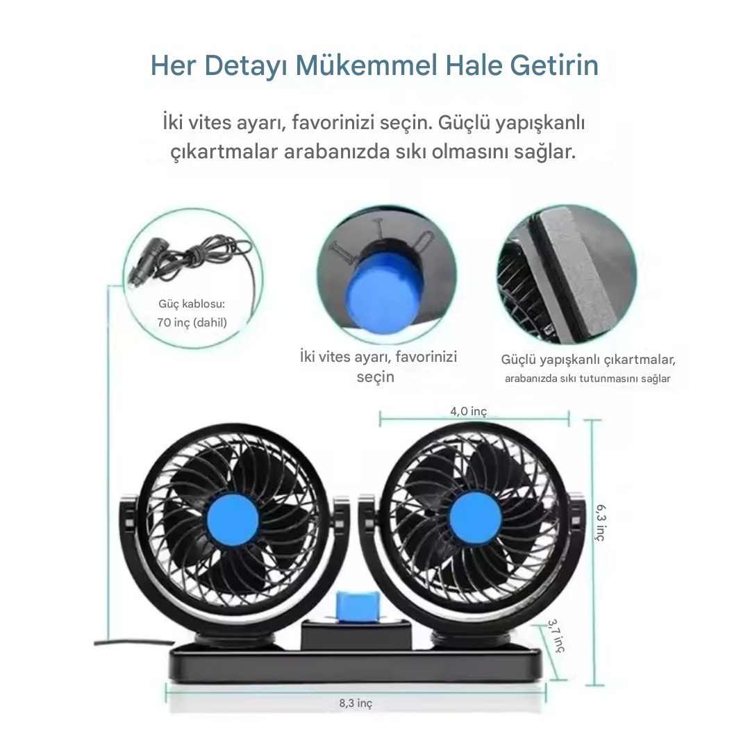 Araç İçi Vantilatör 360° Dönebilen Torpido Üstü Çift Başlıklı Vantilatör 12v Uyumlu Soğutucu Fan Siyah