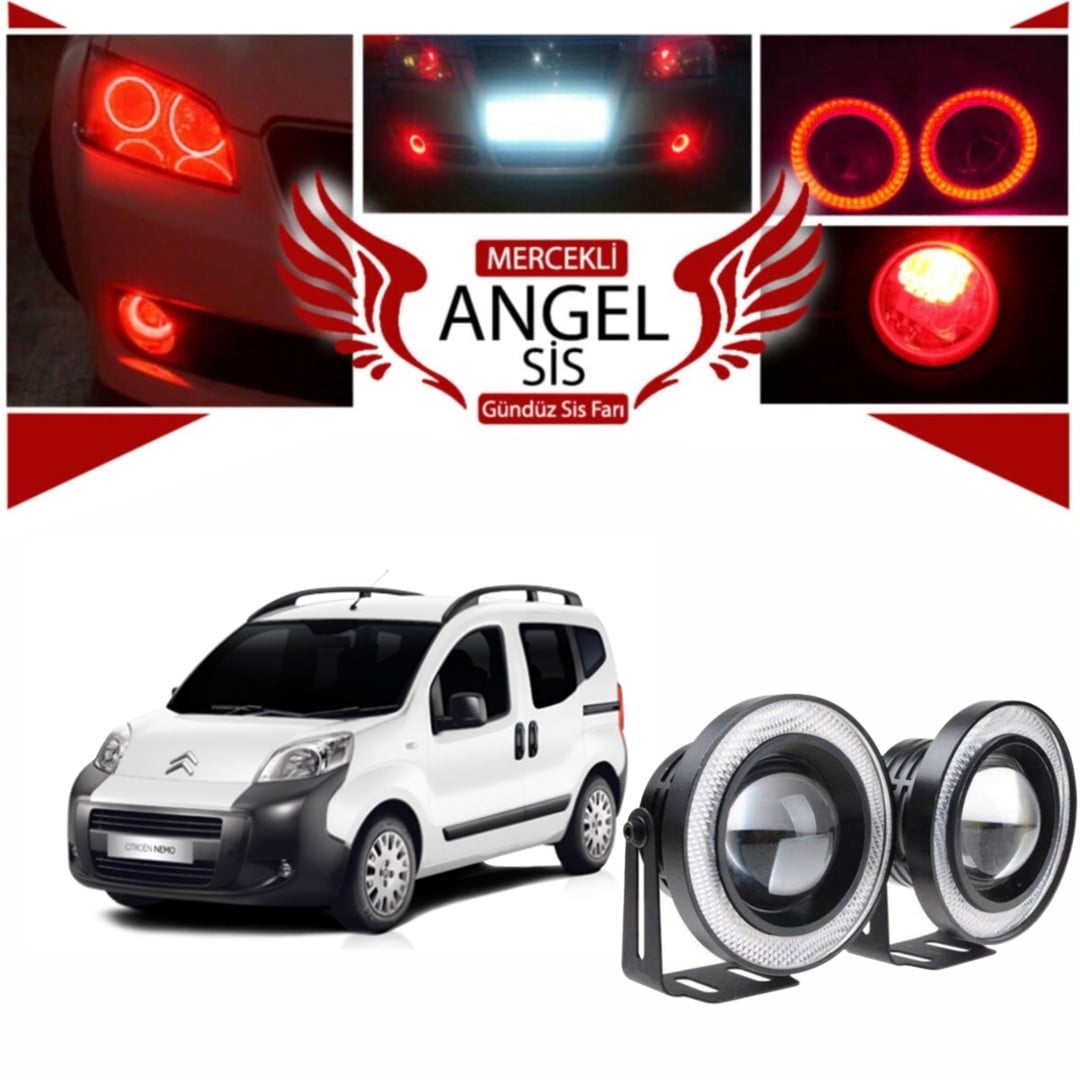 Citroën Nemo Uyumlu, Universal Mercekli Led Angel Sis Farı, 76mm Kırmızı Renk
