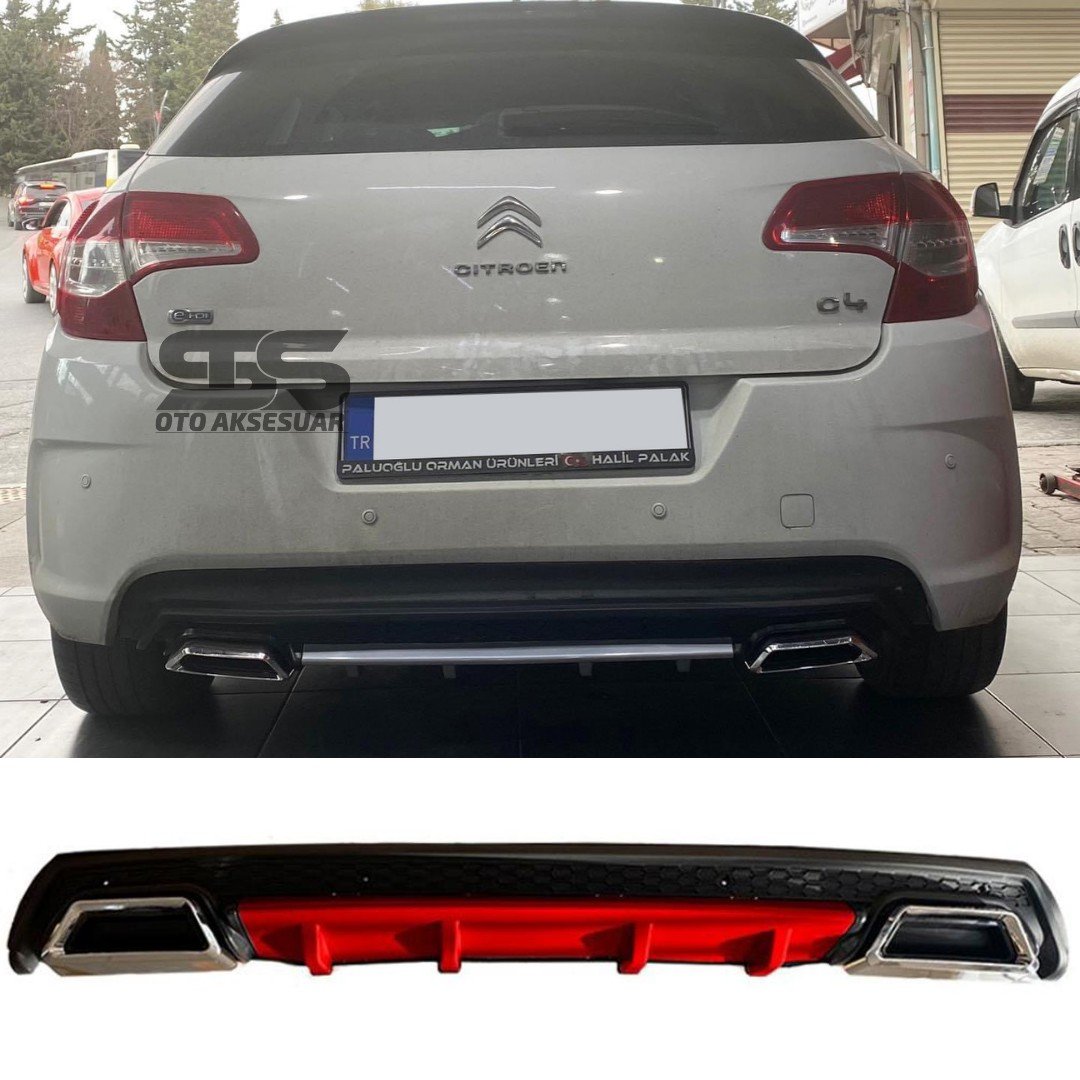 Citroen C4 Difüzör Arka Tampon Eki 2 Egzoz Çıkışlı Kırmızı Lüx Tip