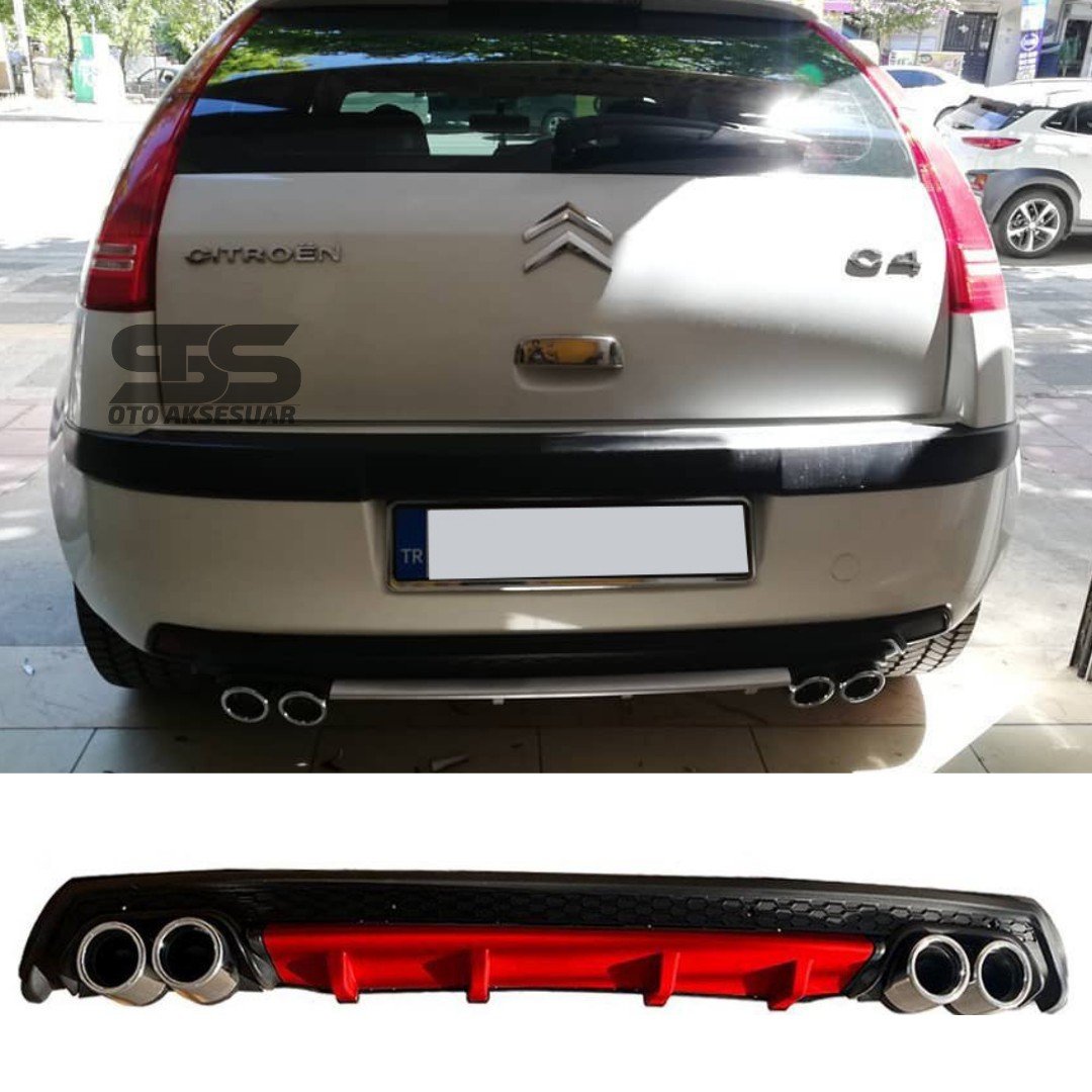 Citroen C4 Difüzör Arka Tampon Eki 4 Egzoz Çıkışlı Kırmızı Lüx Tip