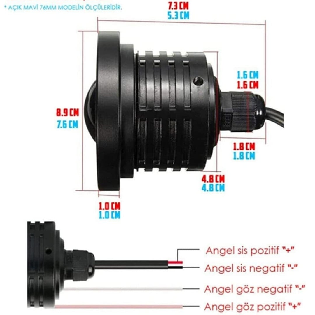 Fiat Linea Uyumlu, Universal Mercekli Led Angel Sis Farı, 76mm Kırmızı Renk