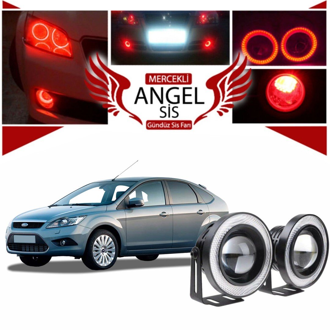 Ford Focus 2,5 Uyumlu, Universal Mercekli Led Angel Sis Farı, 76mm Kırmızı Renk