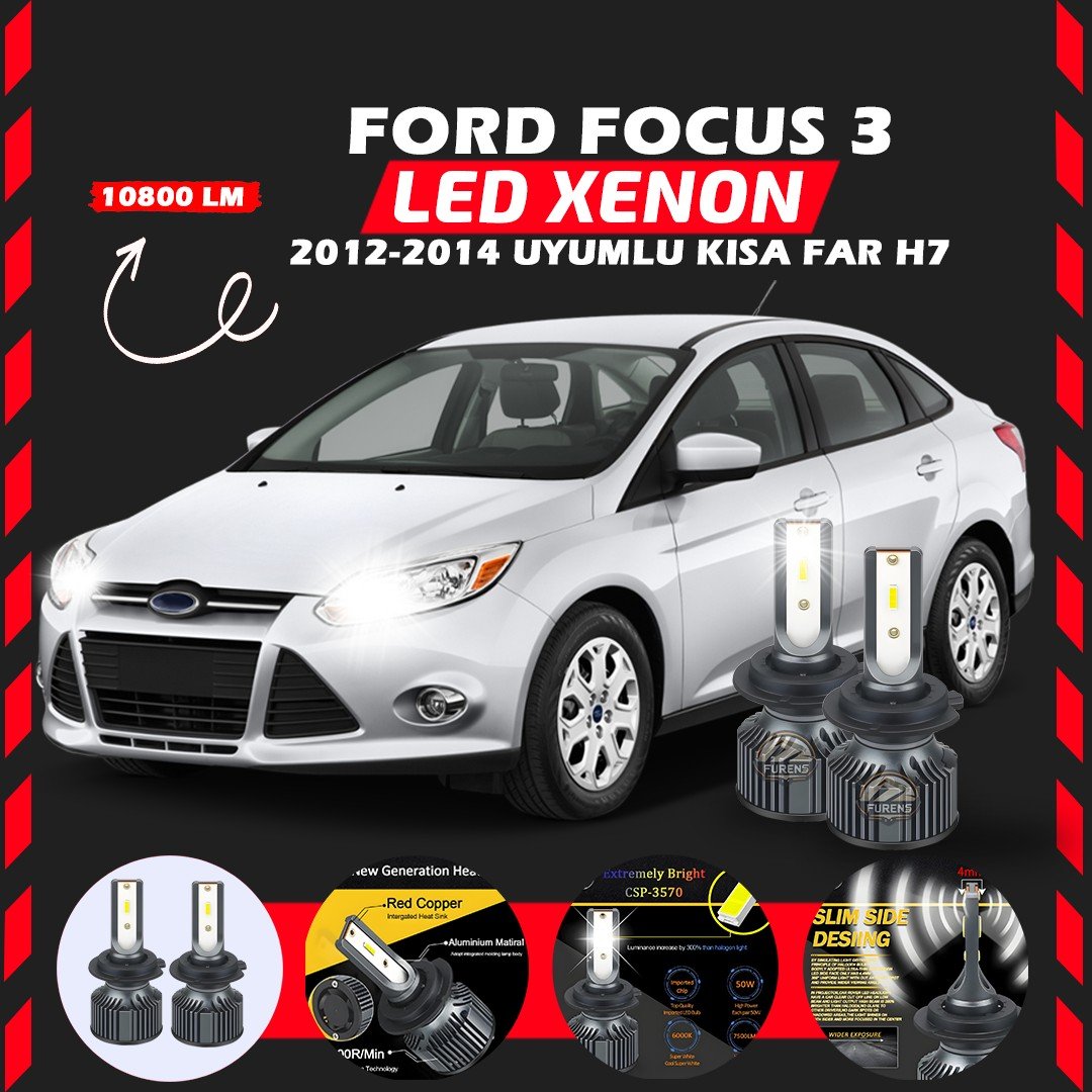Ford Focus 3 2012-2014 Kısa Far Uyumlu Şimşek Etkili Led Xenon Premium Series H7