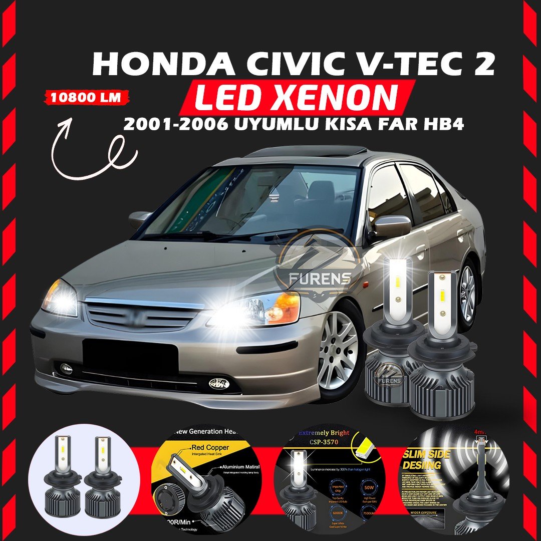 Honda Civic V-TEC 2 2001-2006 Kısa Far Uyumlu Şimşek Etkili Led Xenon Premium Series HB4
