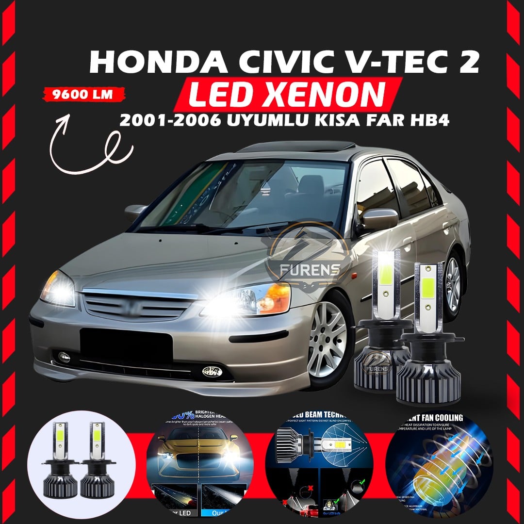 Honda Civic V-TEC 2 2001-2006 Kısa Far Uyumlu Şimşek Etkili Led Xenon Pro Series HB4