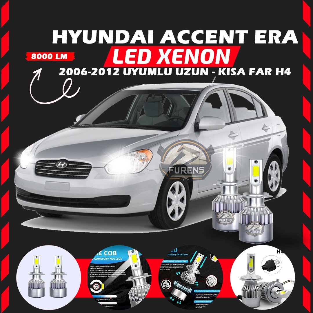 Hyundai Accent Era 2006-2012 Uzun-Kısa Far Uyumlu Şimşek Etkili Led Xenon Performance Series H4