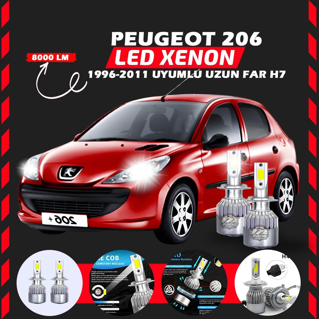Peugeot 206 1996-2011 Uzun Far Uyumlu Şimşek Etkili Led Xenon Performance Series H7