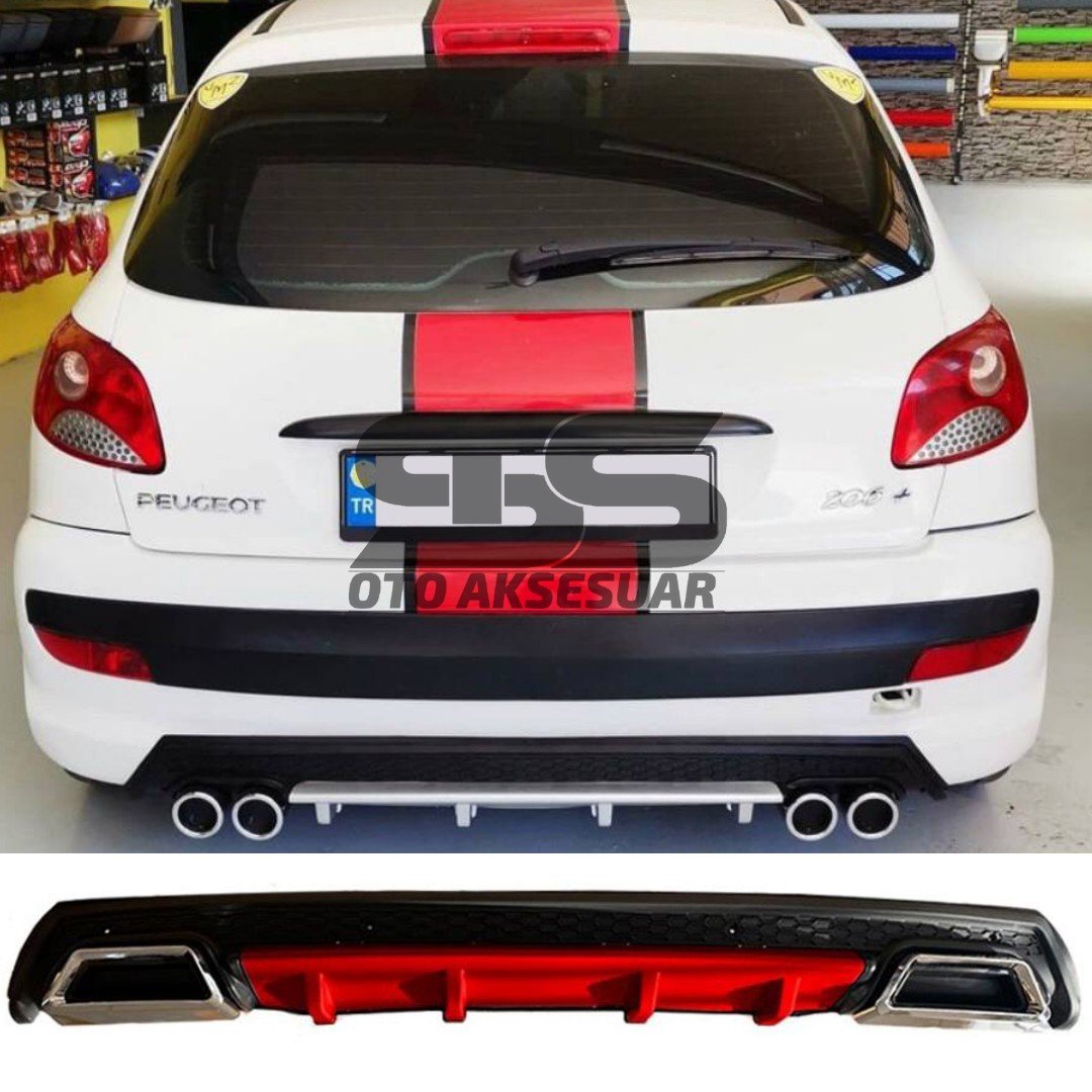 Peugeot 206 Difüzör Arka Tampon Eki 2 Egzoz Çıkışlı Kırmızı Lüx Tip