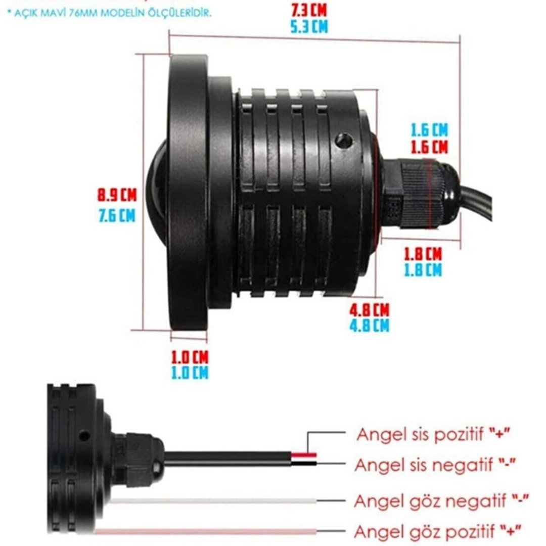 Peugeot 301 Uyumlu, Universal Mercekli Led Angel Sis Farı, 76mm Kırmızı Renk