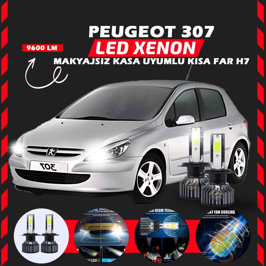 Peugeot 307 Makyajsız Kasa Kısa Far Uyumlu Şimşek Etkili Led Xenon Pro Series H7