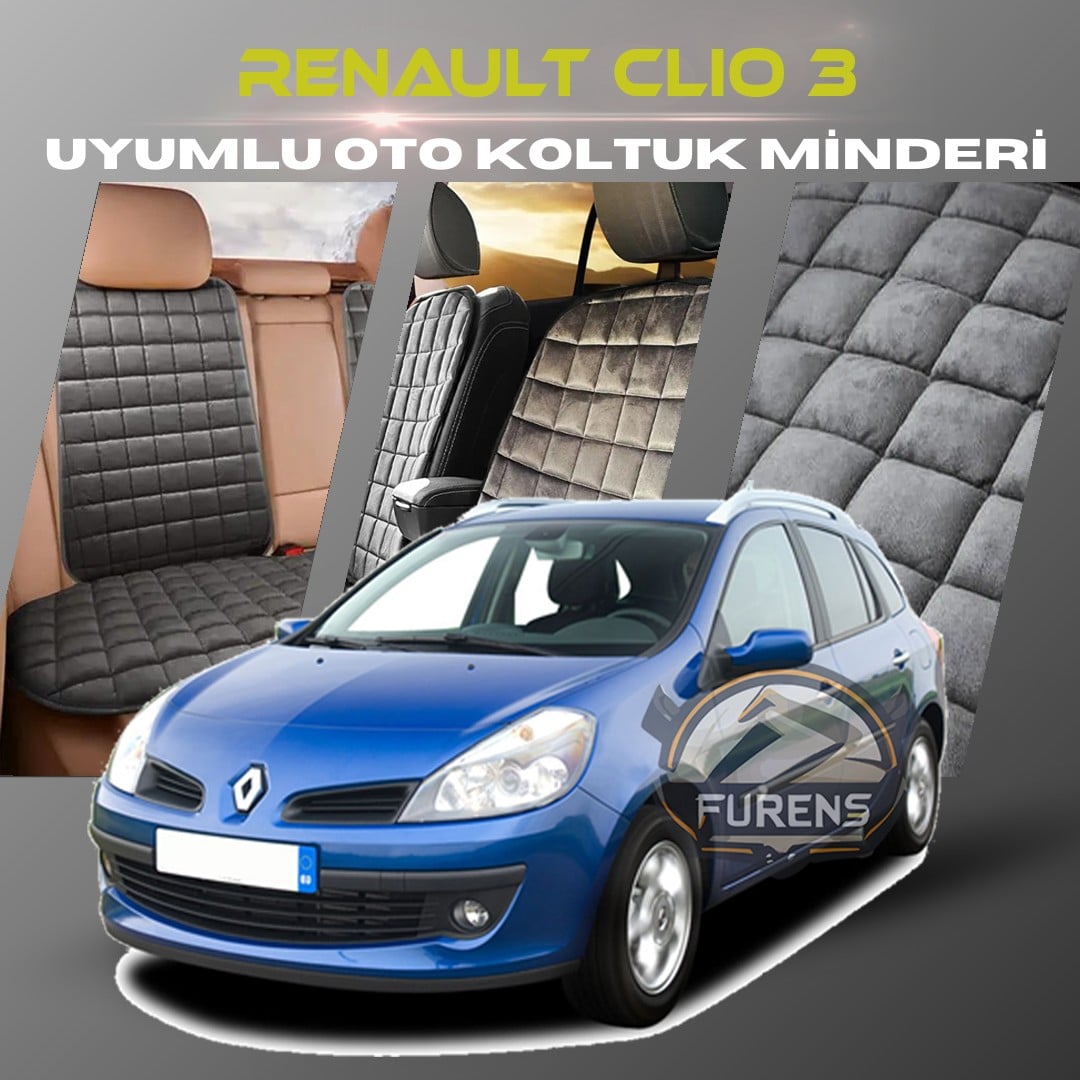 Renault Clio 3 Antrasit Renk Tay Tüyü Cepli & Terletmez Sırtlı Oto Koltuk Minder Seti - Koltuk Koruma Kılıfı (ÖN & ARKA TAM SET)
