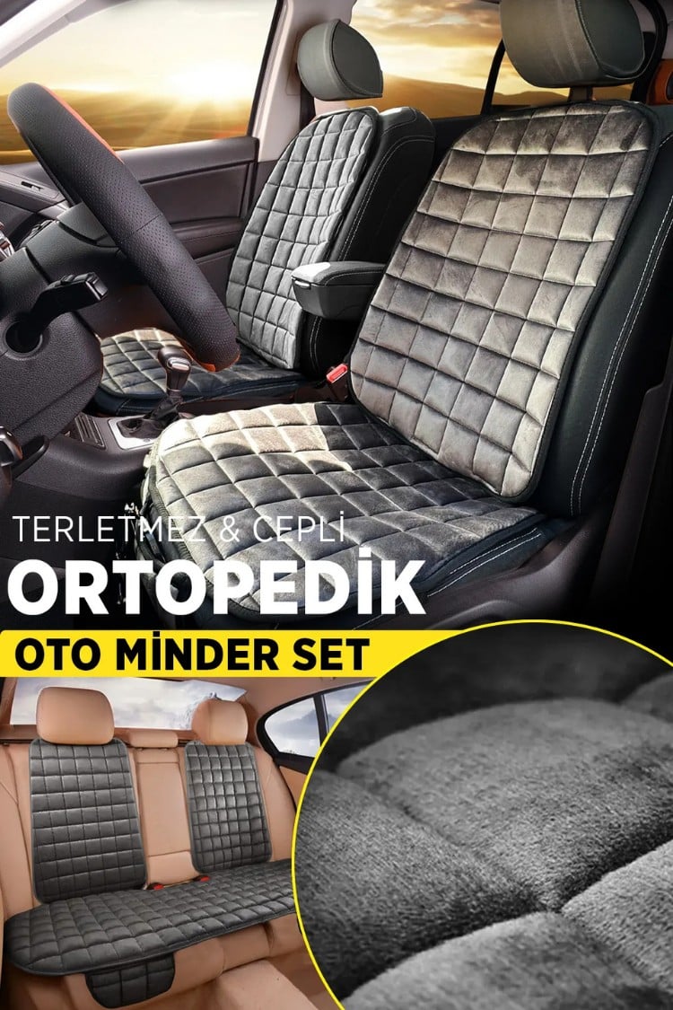 Renault Clio 3 Antrasit Renk Tay Tüyü Cepli & Terletmez Sırtlı Oto Koltuk Minder Seti - Koltuk Koruma Kılıfı (ÖN & ARKA TAM SET)